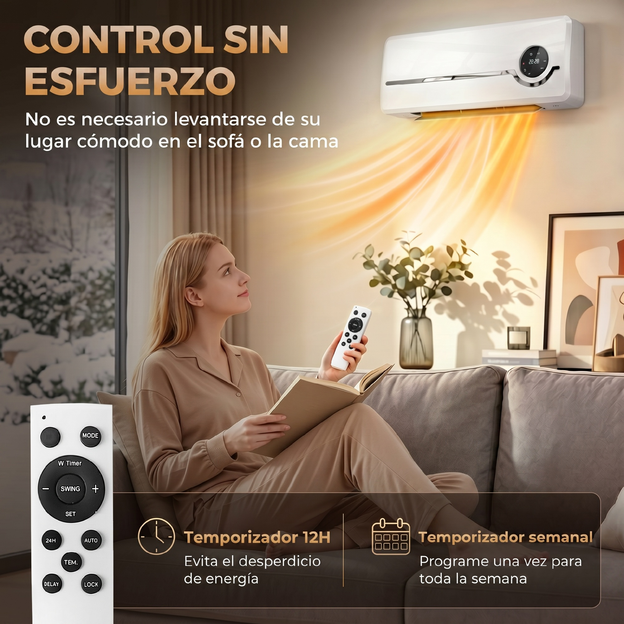 Una mujer se relaja en un sofá usando un control remoto para un calefactor de pared.