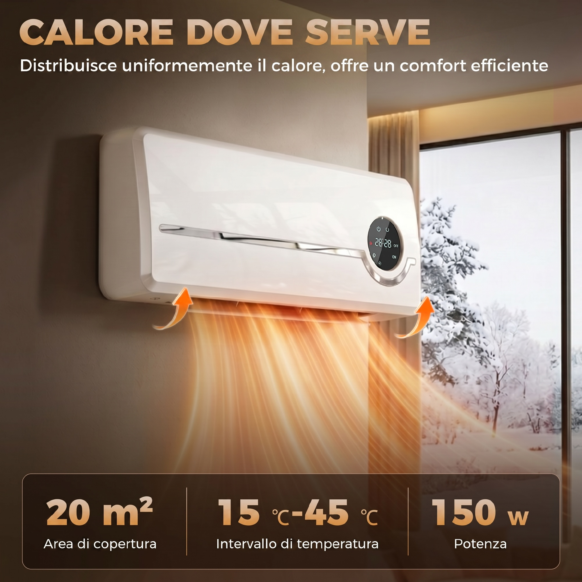Un calefactor de pared blanco emite calor naranja en la habitación con vista nevada.