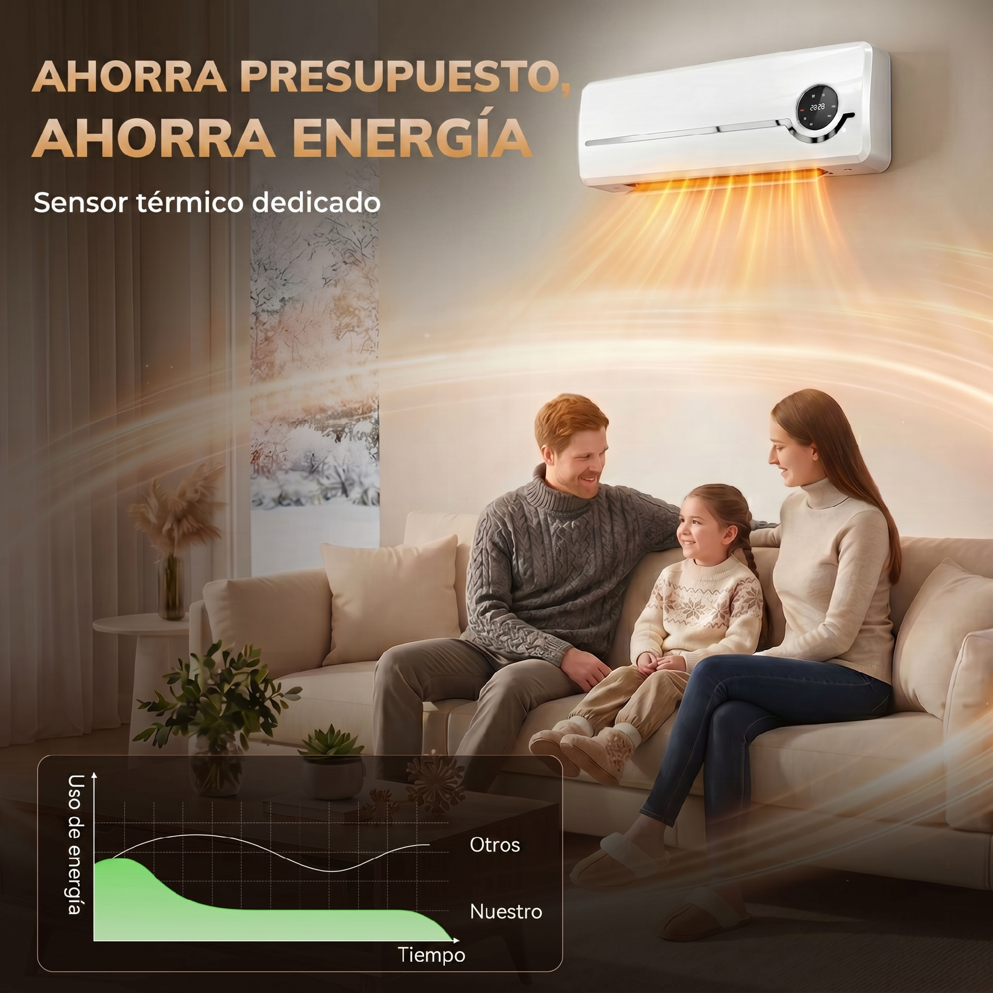 Una familia en un sofá bajo un aire acondicionado de pared que emite aire cálido. Texto en español y un gráfico visibles.