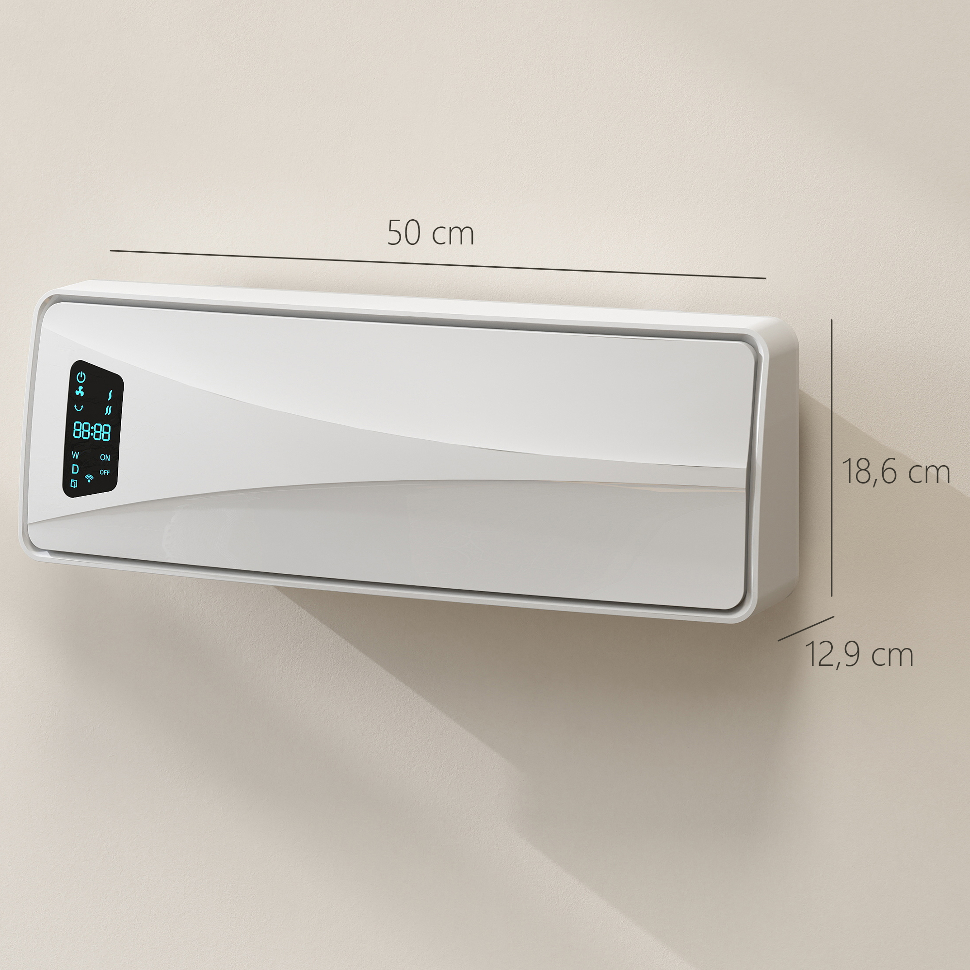 Un calefactor de pared blanco con pantalla digital muestra dimensiones de 50x18,6x12,9 cm.