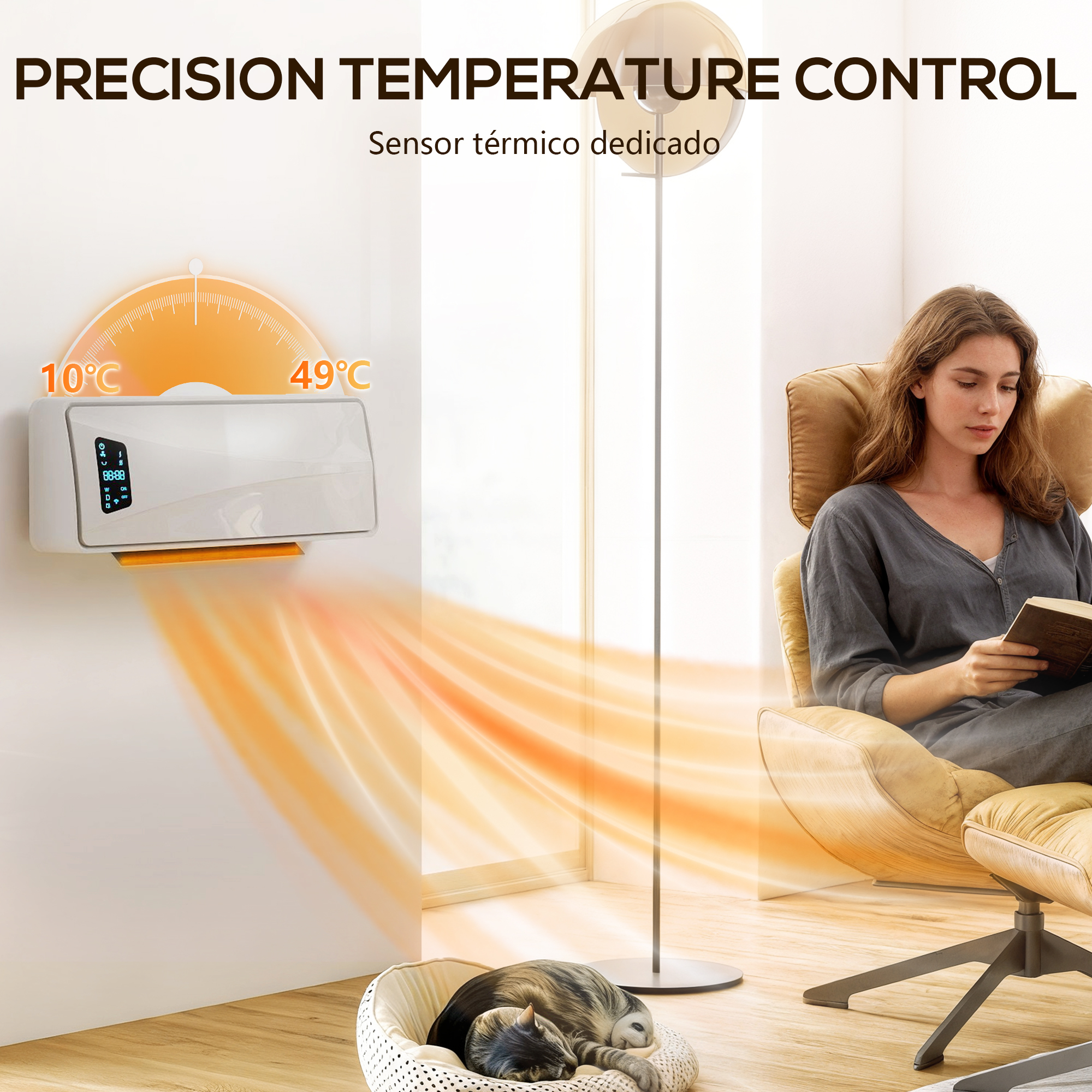 Un calefactor de pared emite calor mientras una mujer lee y un gato duerme.