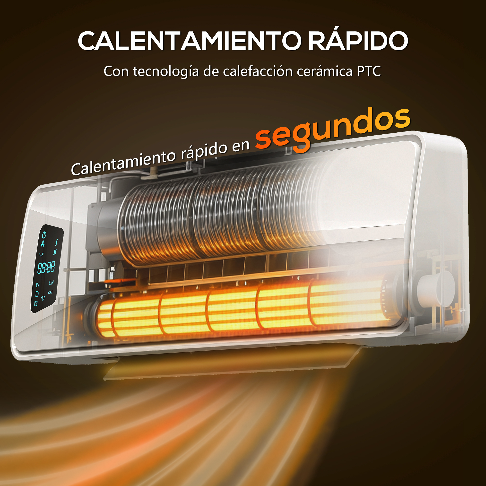 Calefactor de pared con tecnología cerámica PTC que muestra componentes internos y ondas de calor.