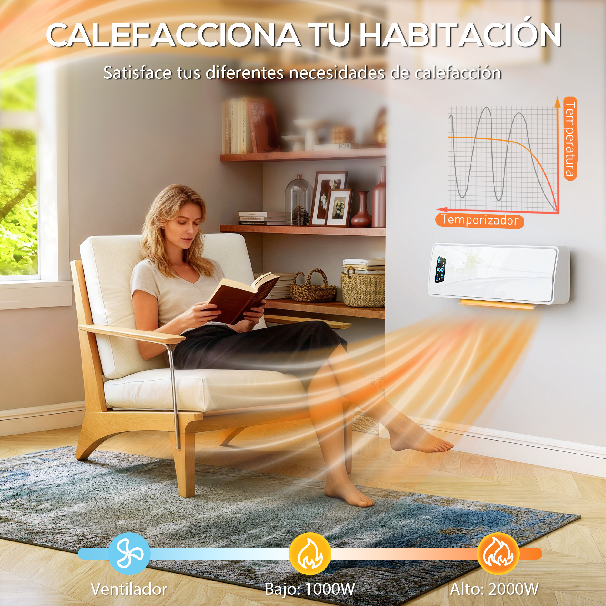 Una mujer lee en un sillón blanco junto a un calefactor de pared que emite cálidas ondas naranjas.