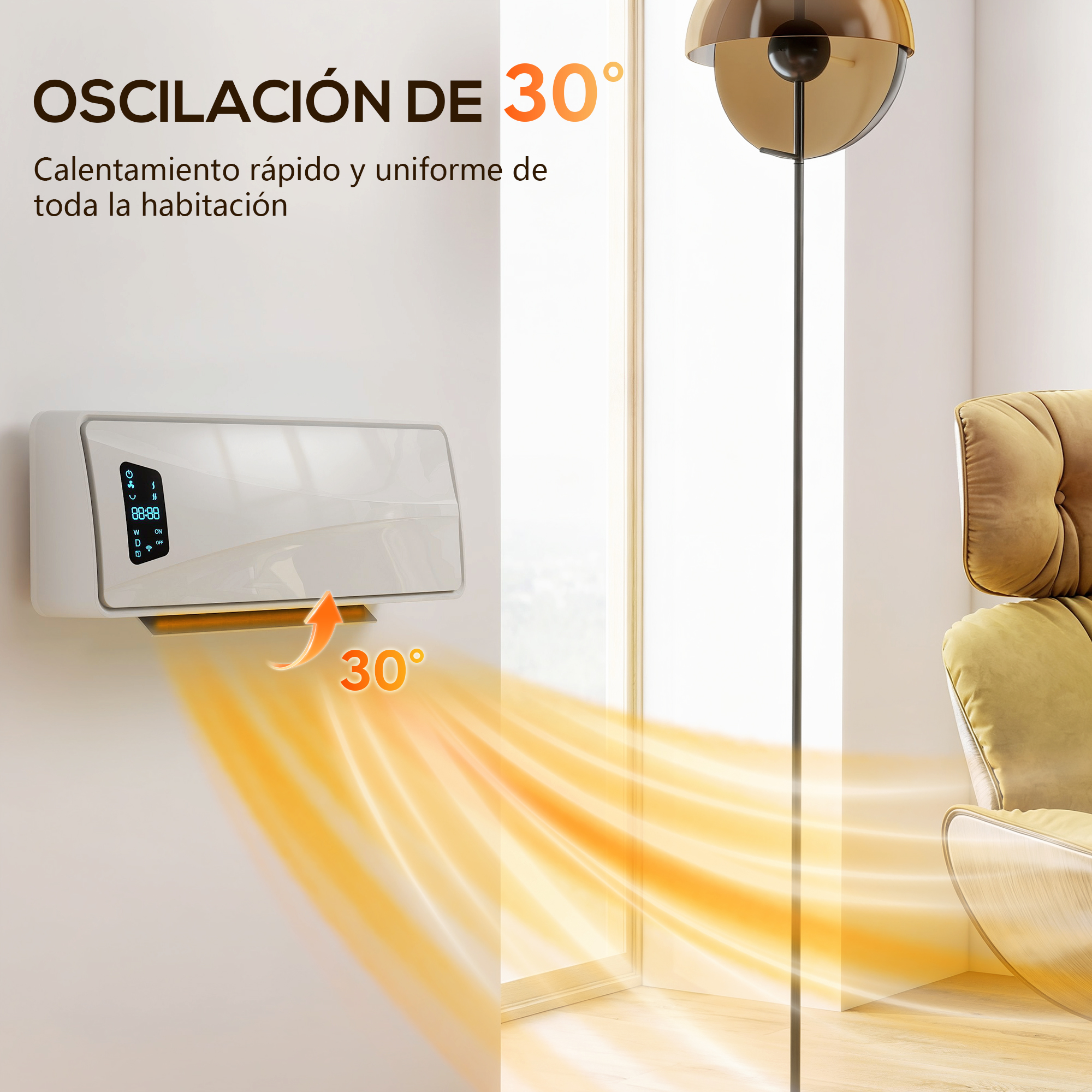 Calefactor de pared con oscilación de 30 grados calienta rápido.