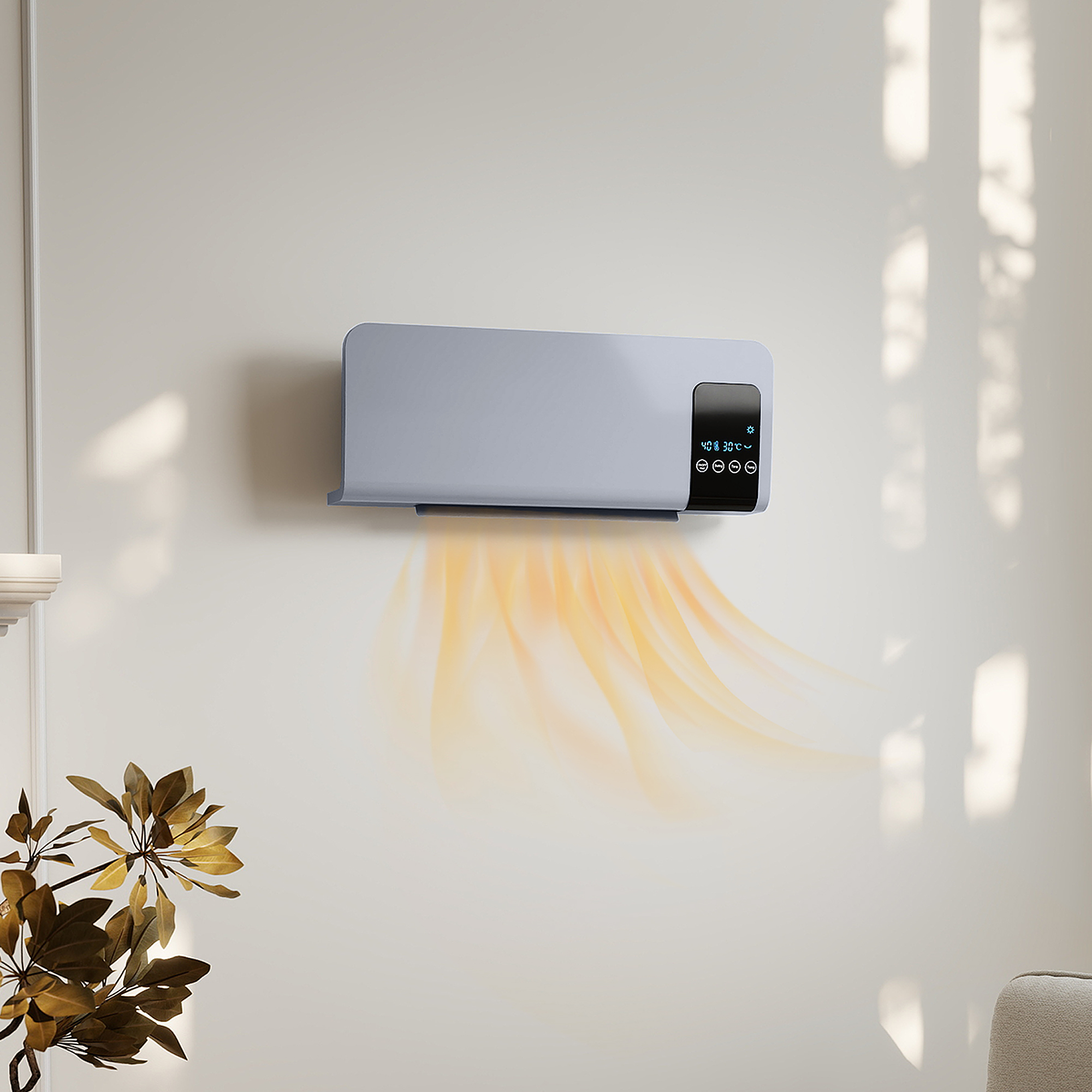 Un calefactor de pared azul claro con pantalla digital emite ondas de calor de color naranja brillante.