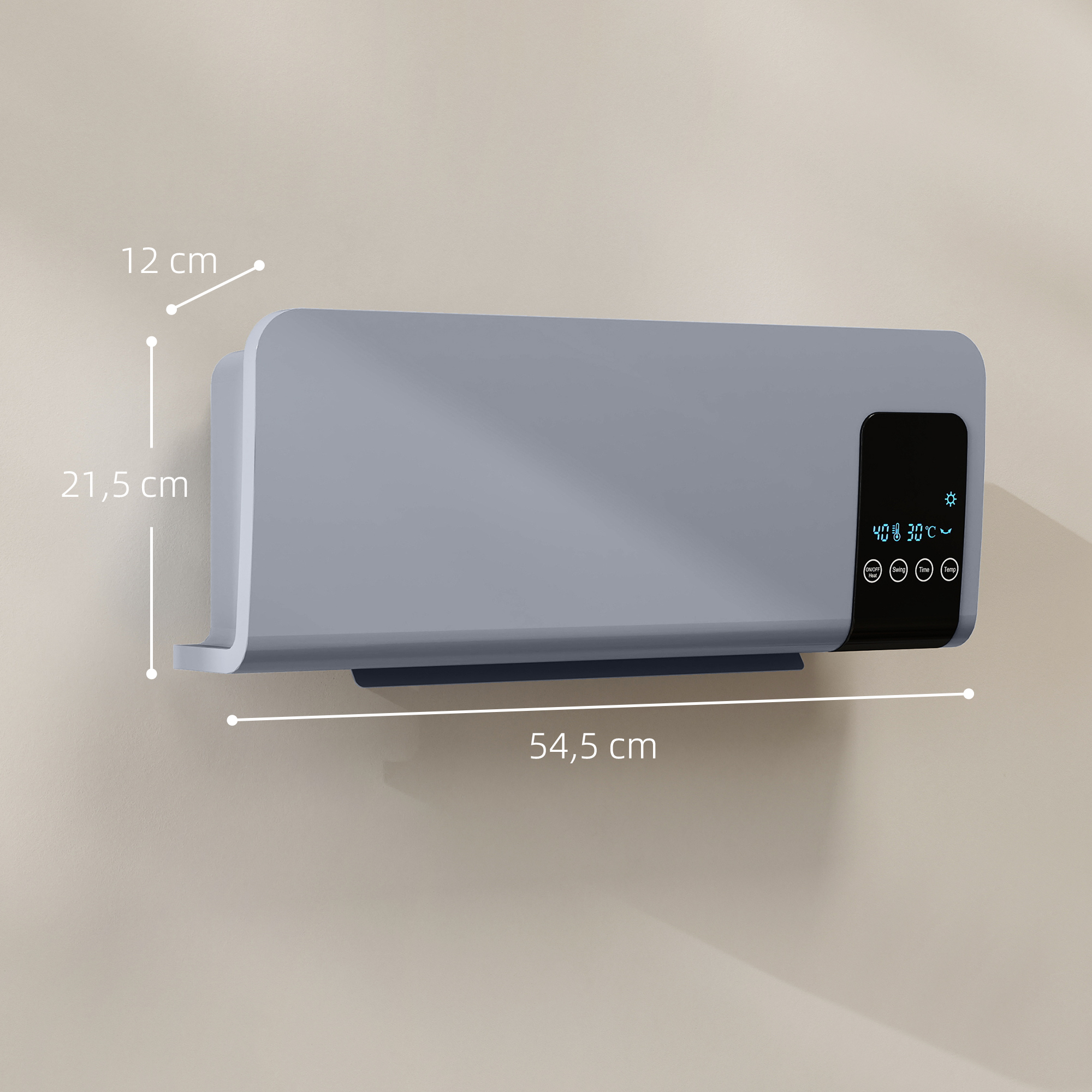 Un calefactor de pared gris con dimensiones en una pared beige.