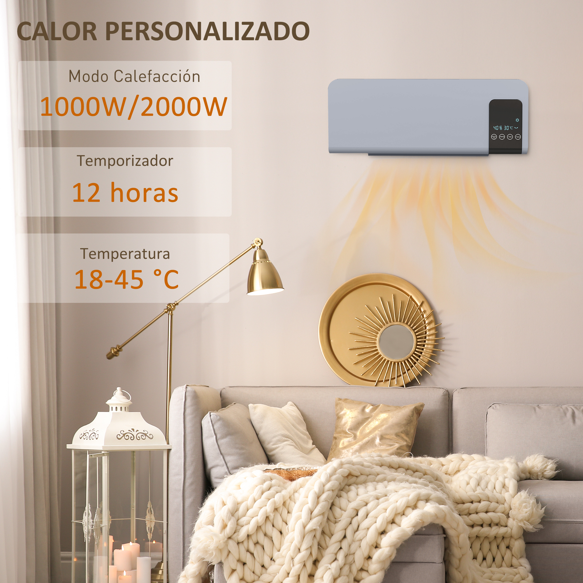 Un calefactor de pared sobre un sofá con lámpara, espejo decorativo y texto a la izquierda.