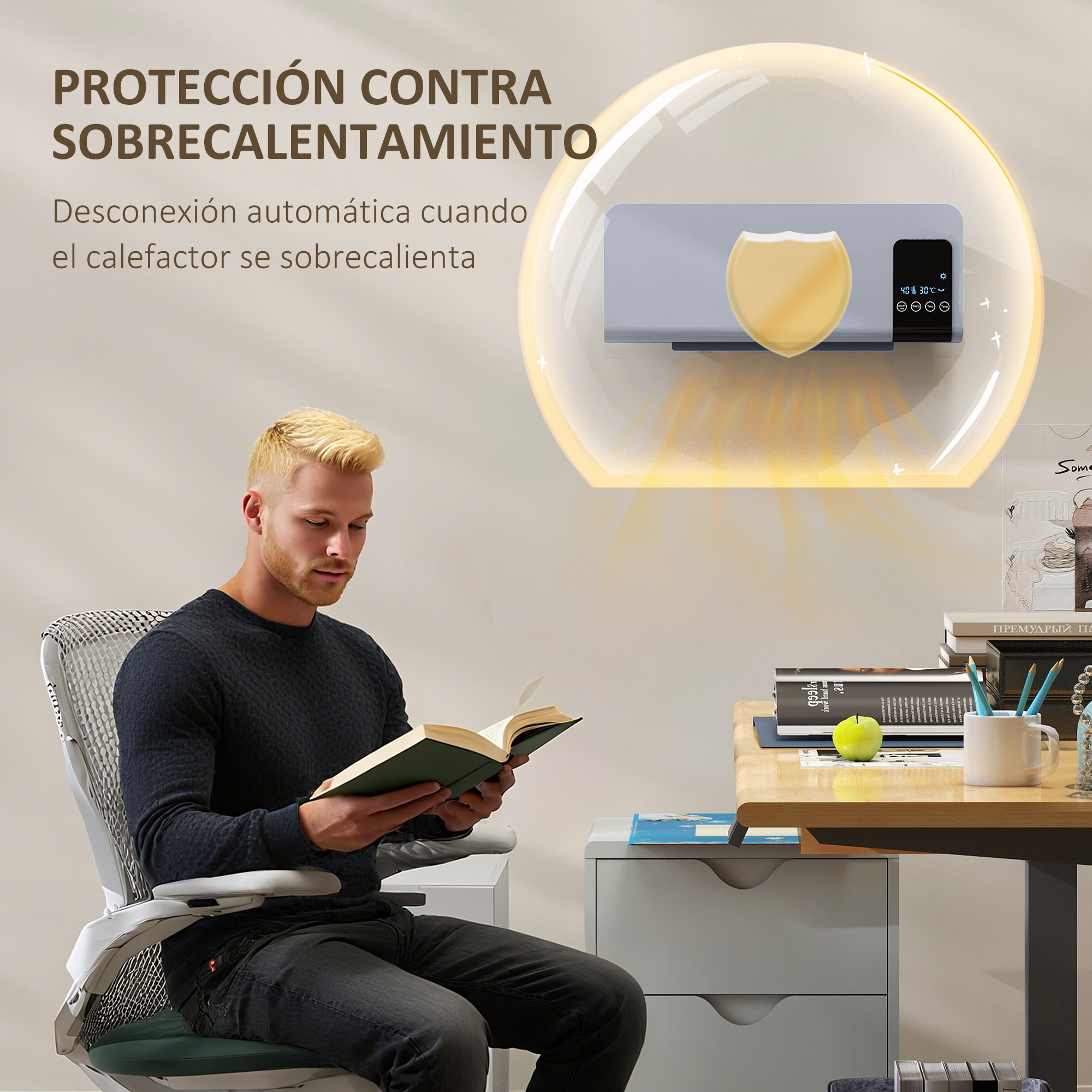 Un hombre rubio lee un libro en una silla junto a un escritorio con un calefactor en la pared.