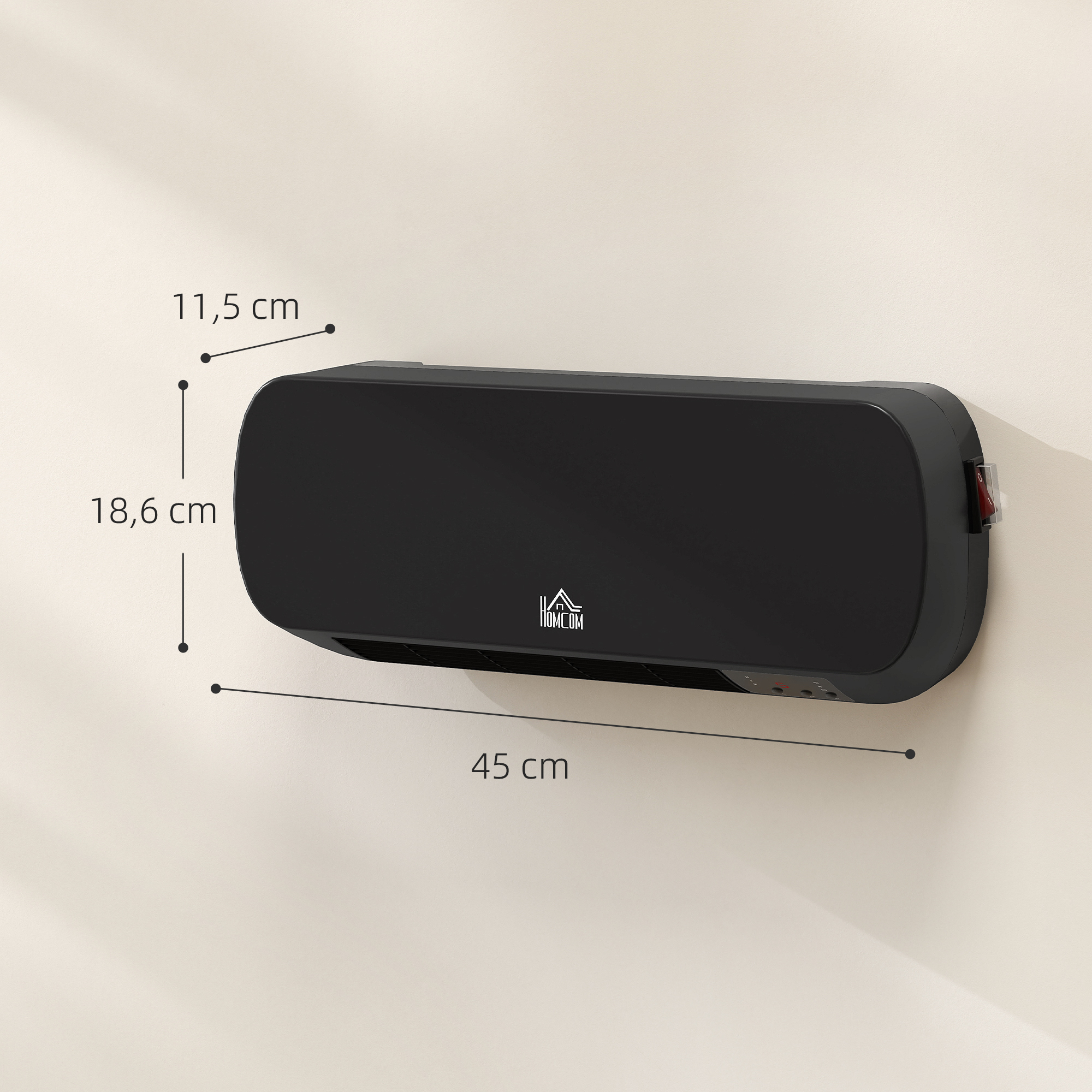 Calefactor de pared negro con dimensiones: 45 cm de largo, 18,6 cm de alto y 11,5 cm de profundidad.