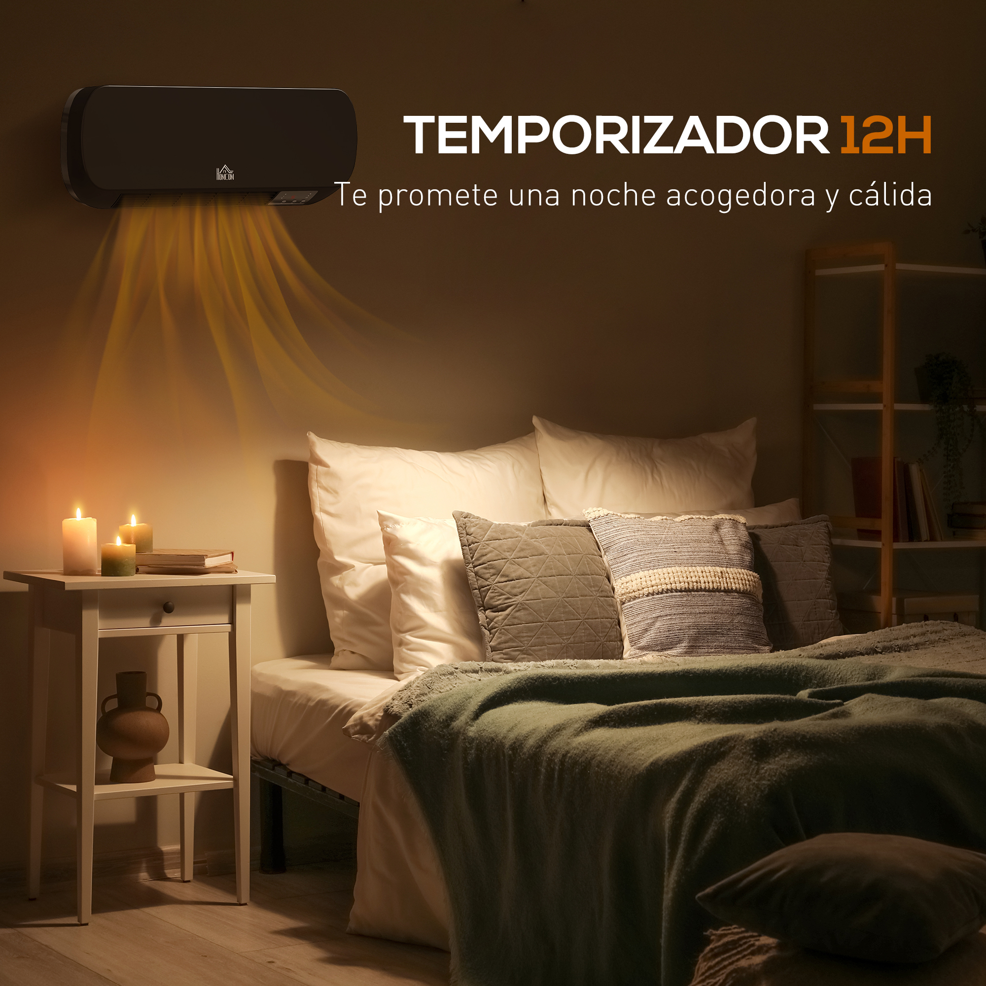 Un calefactor negro en la pared emite luz cálida sobre una cama y una mesita de noche con velas.