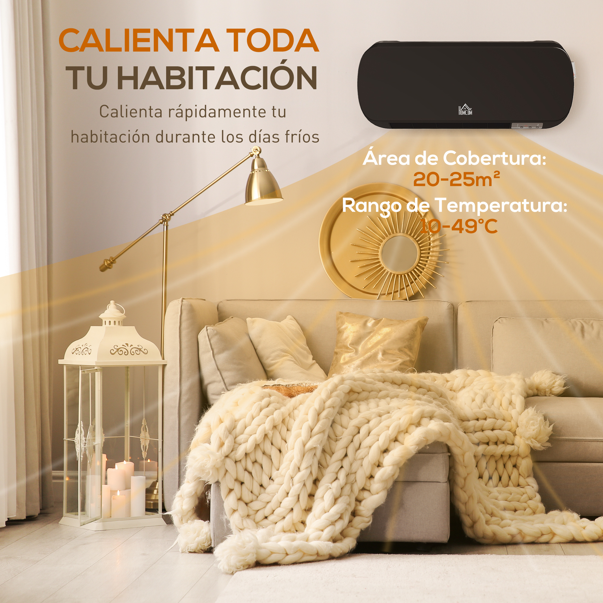 Sala con sofá beige, manta de punto grueso, farol con velas, lámpara de pie y calefactor de pared negro.
