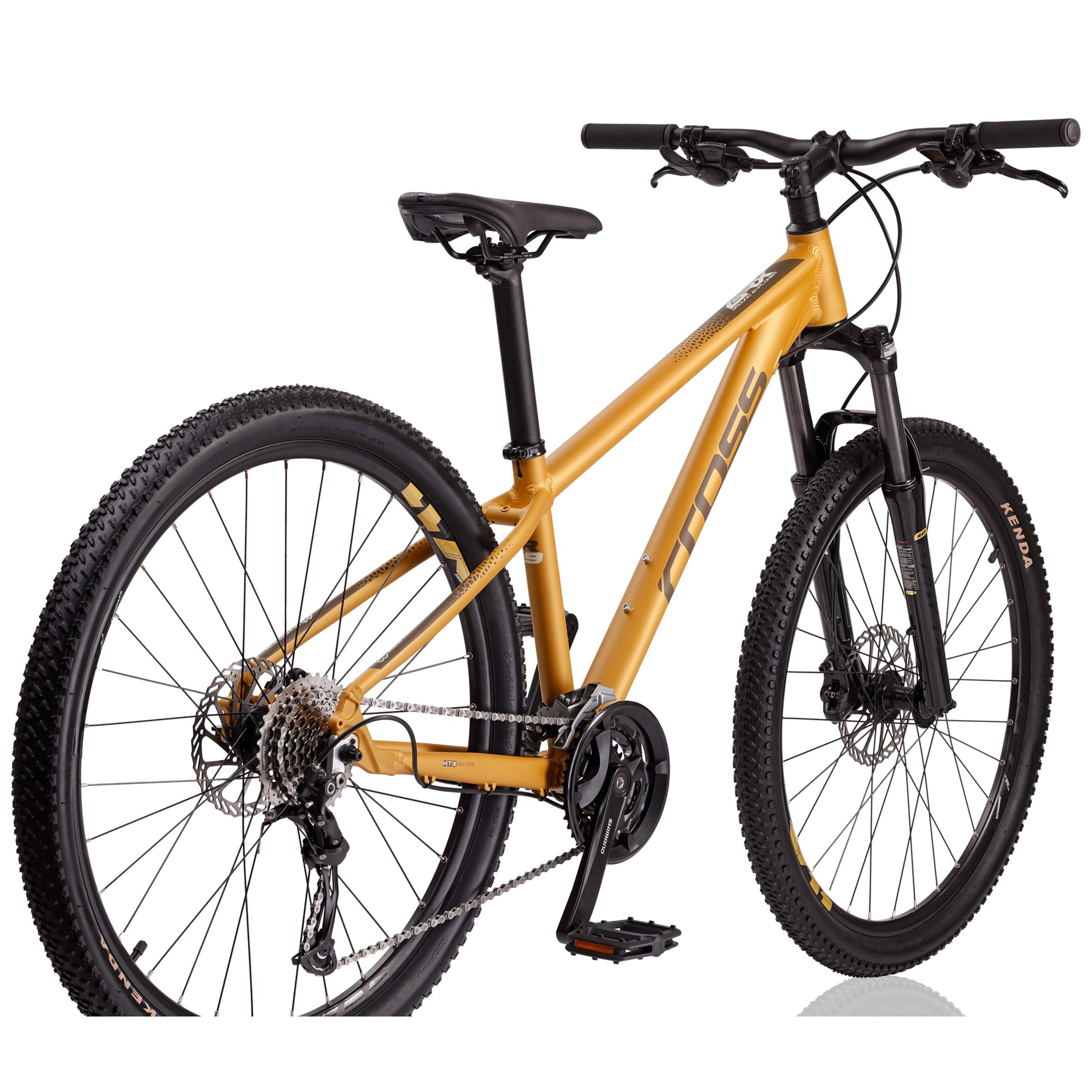 Ein gelbes Mountainbike mit schwarzen Reifen steht auf weißem Hintergrund.