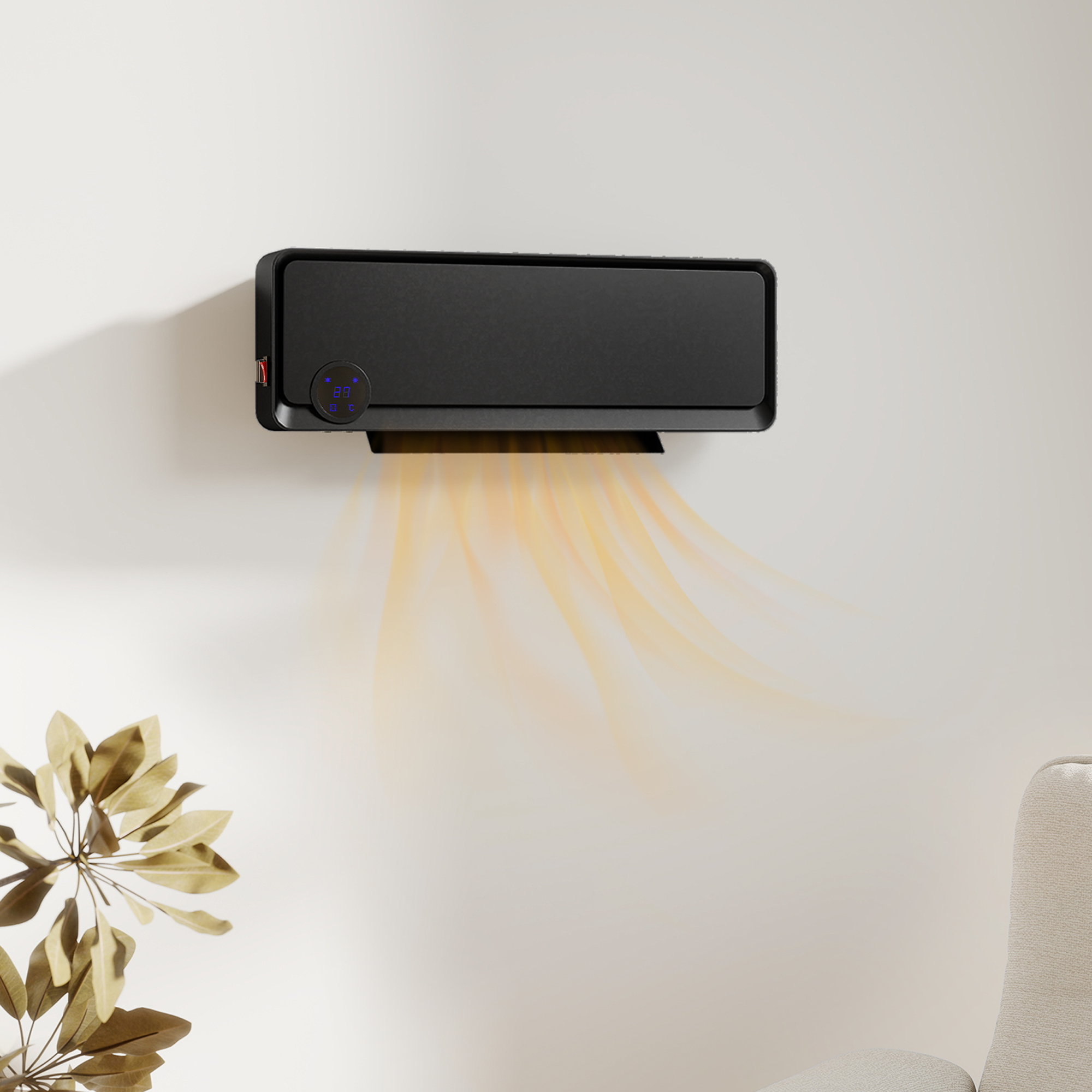 Un calefactor negro montado en la pared con ondas de calor de color naranja brillante que emiten hacia abajo.