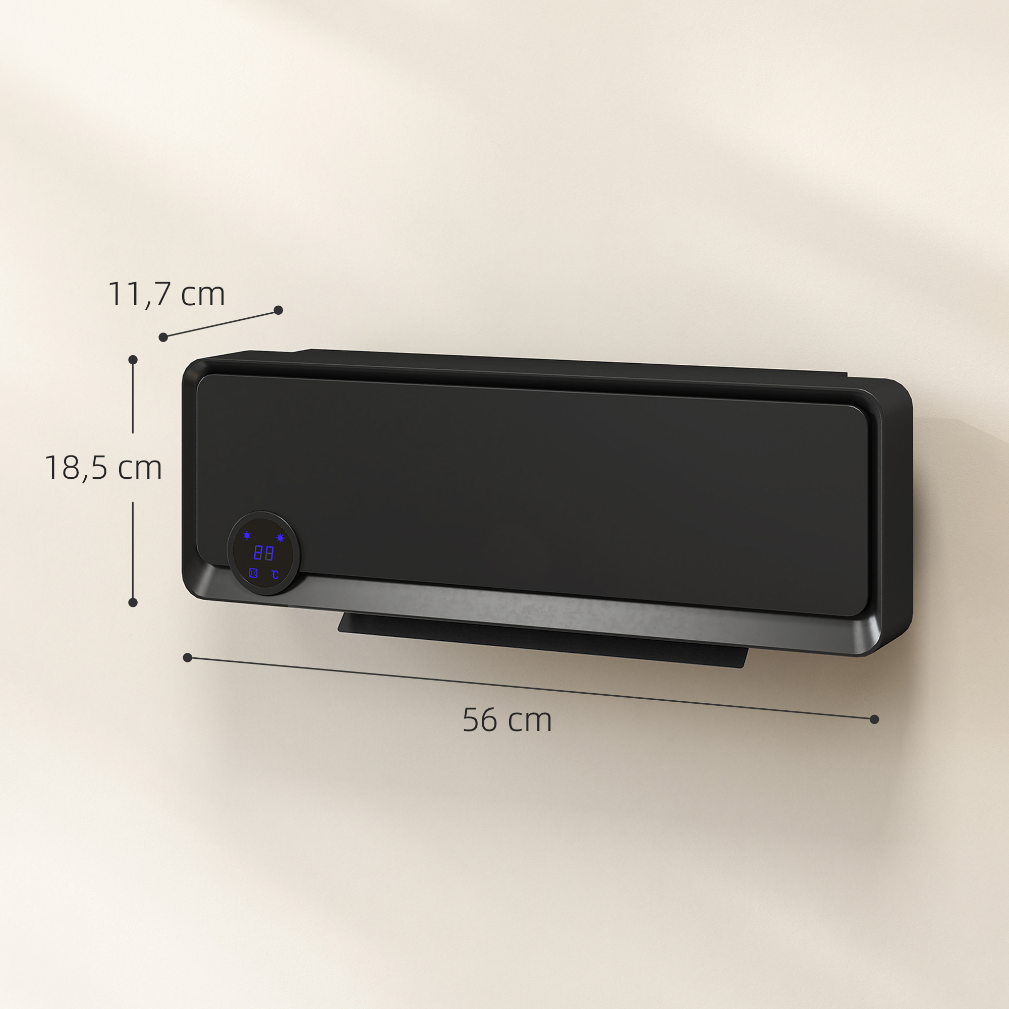 Calefactor de pared negro con pantalla LED azul, de 56 cm de ancho, 18,5 cm de alto y 11,7 cm de fondo en pared beige.