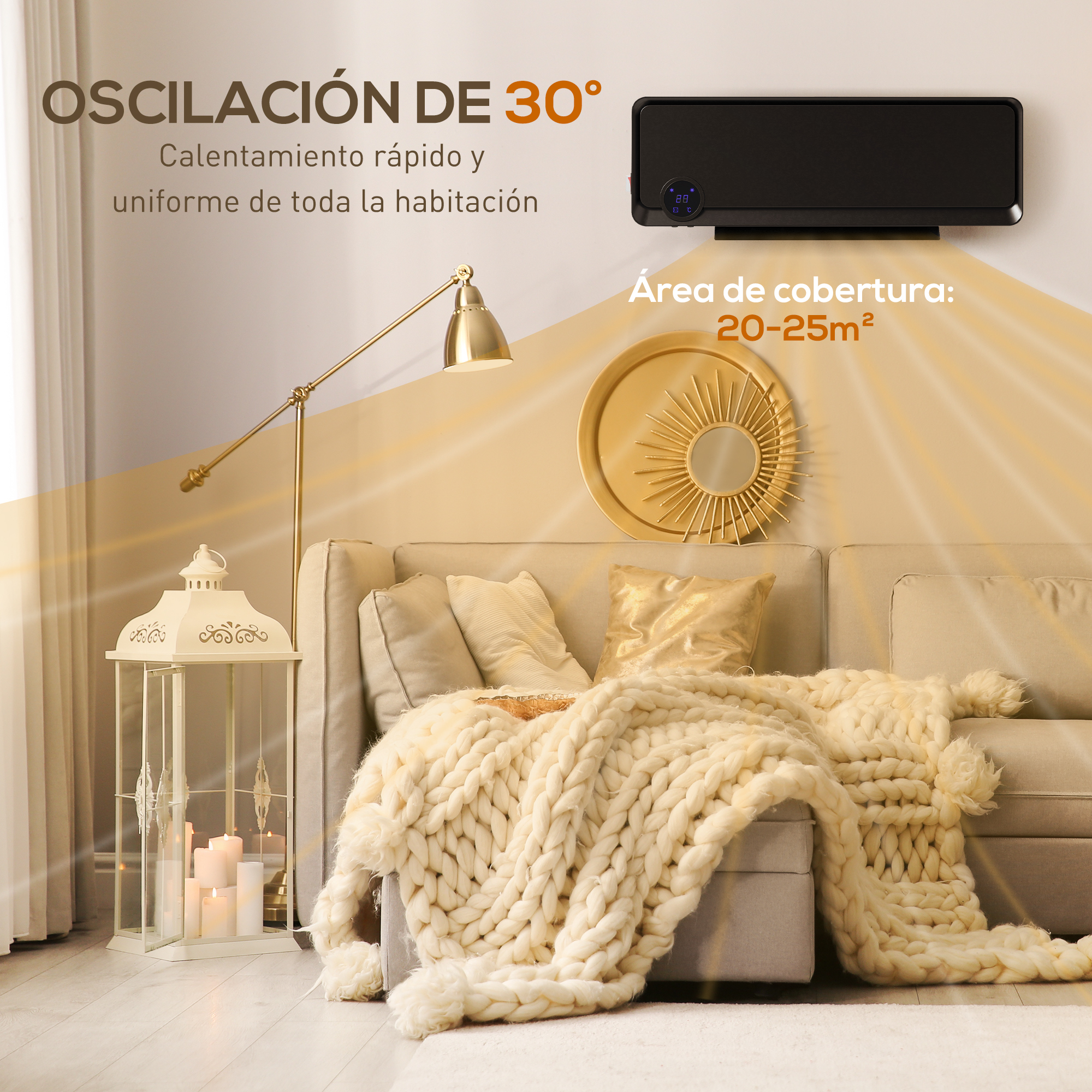 Salón con calefactor de pared negro, sofá beige, manta de punto grueso, lámpara dorada y decoración.