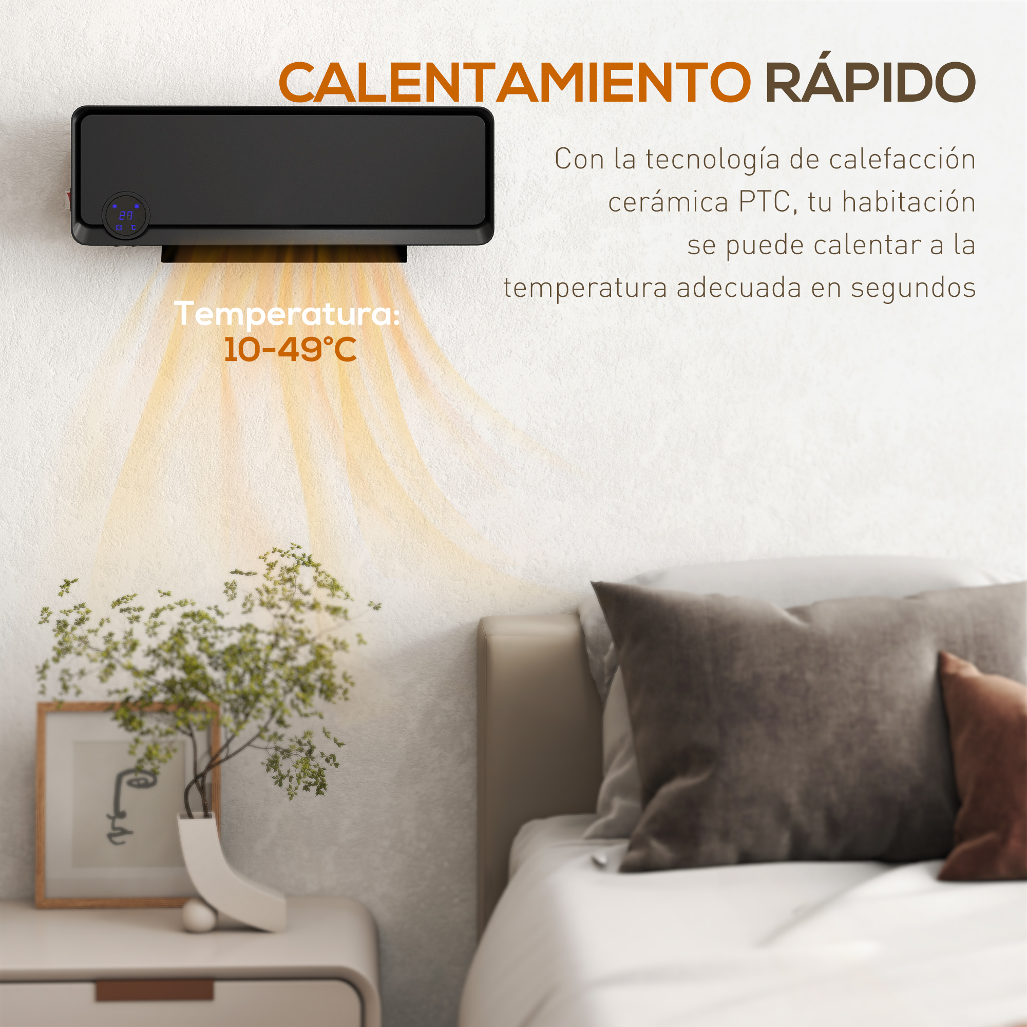 Un calefactor de pared negro irradia aire cálido sobre una mesita de noche con una planta y una cama.