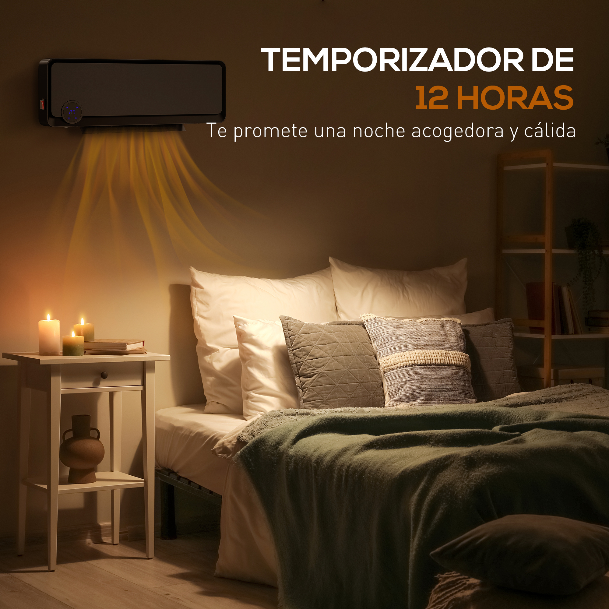 Un dormitorio de noche con calefactor de pared, cama con cojines, velas encendidas y texto promocional en español.