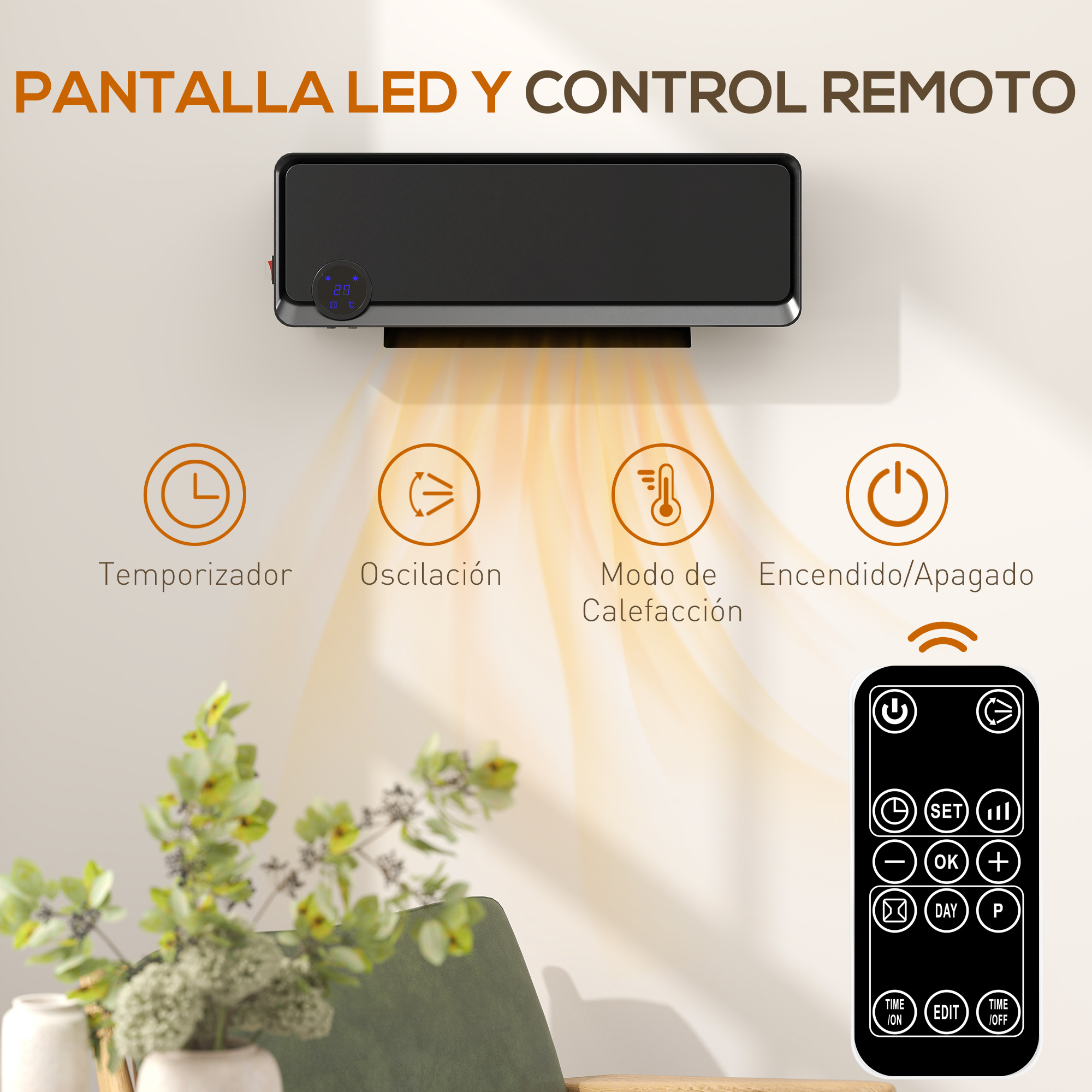 Calefactor de pared con pantalla LED, control remoto e iconos de temporizador, oscilación y calefacción.