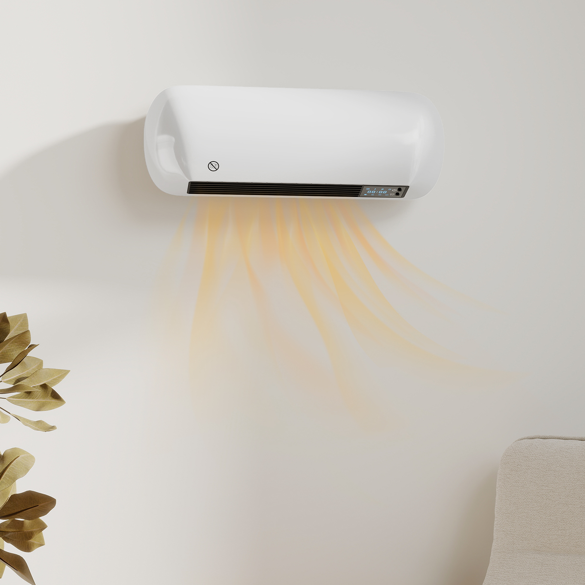 Un calefactor de pared blanco expulsa corrientes de aire cálido amarillo.