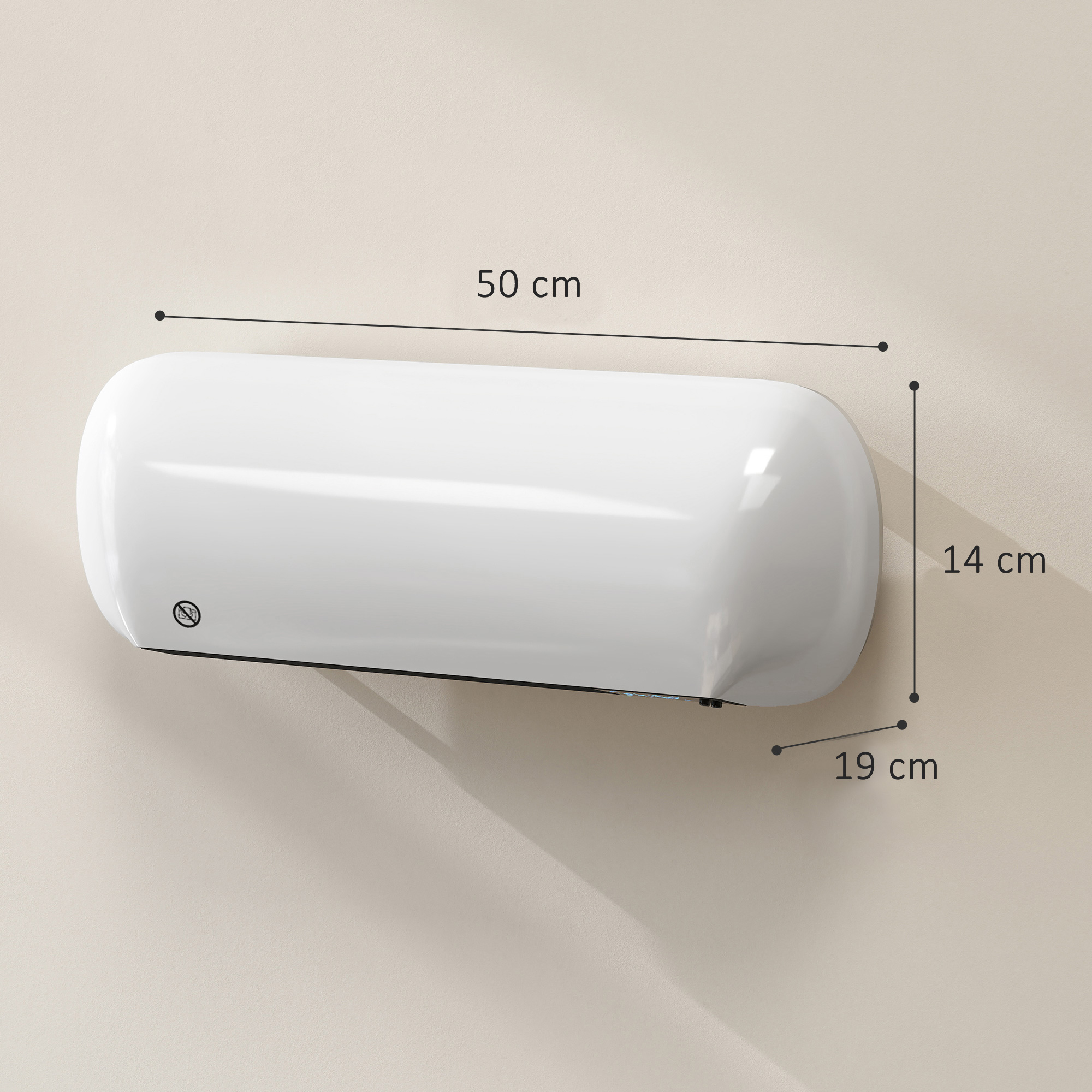 Aparato blanco de pared con dimensiones de 50 cm de ancho, 14 cm de alto y 19 cm de profundidad.