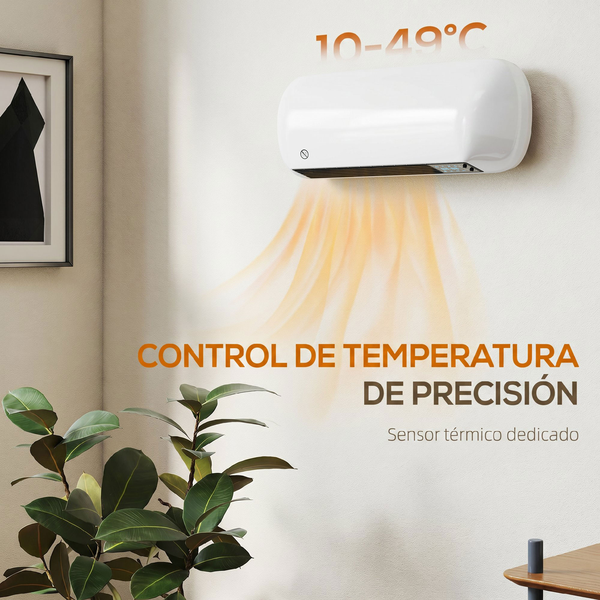 Un calefactor de pared blanco emite aire caliente, con texto superpuesto y una planta verde en primer plano.