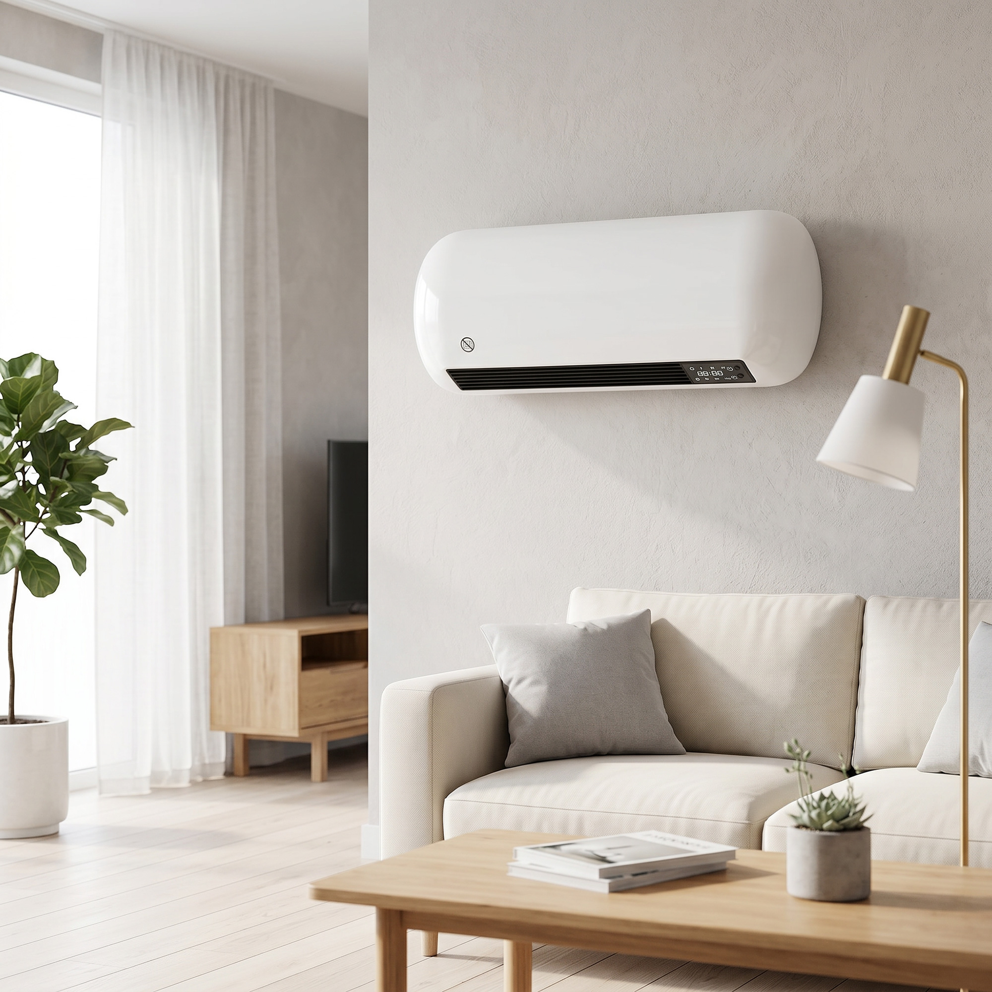 Un calefactor blanco cuelga sobre un sofá beis en una sala moderna con mesa de madera y planta.