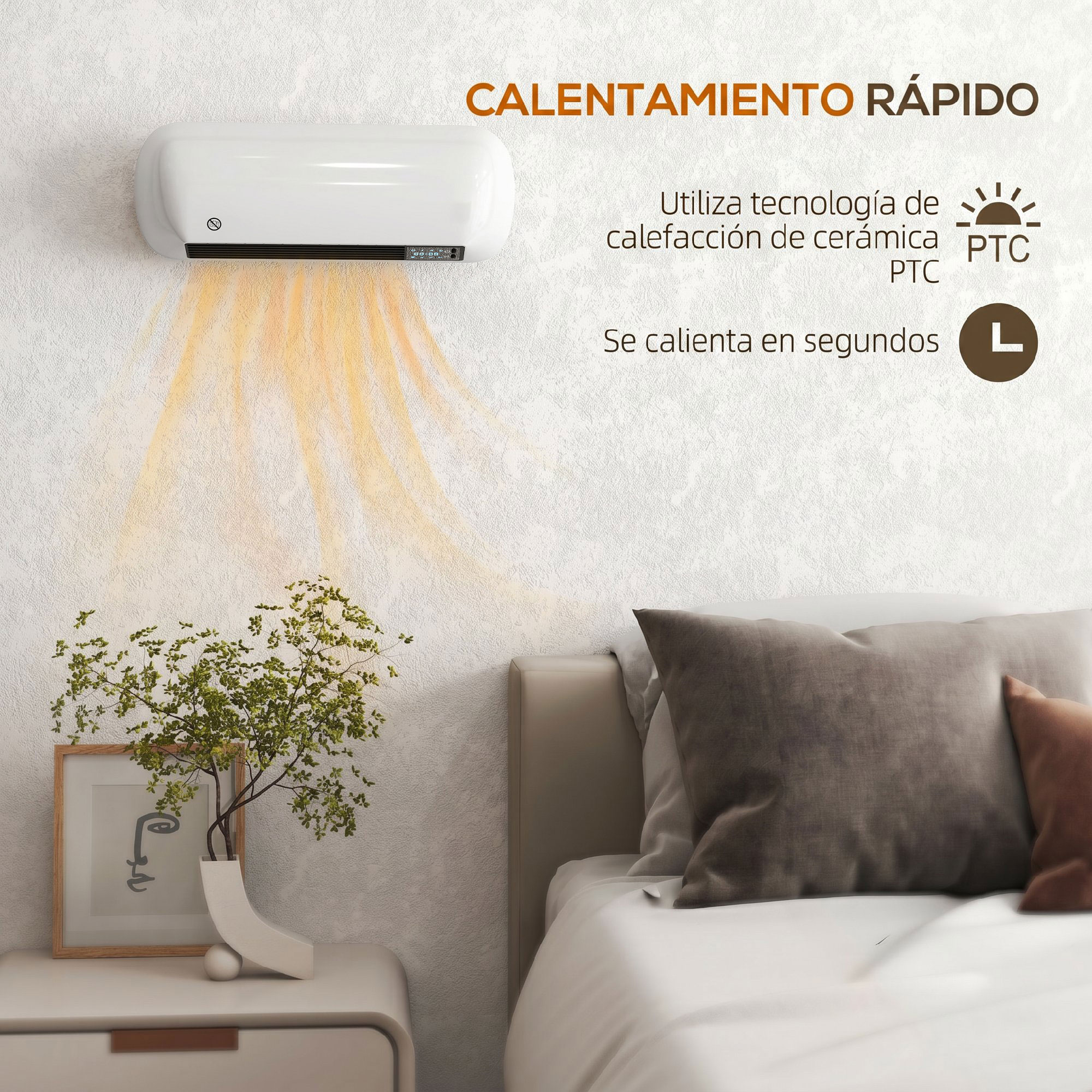 Un calefactor de pared blanco sobre una cama irradia aire cálido naranja, junto a texto en español.