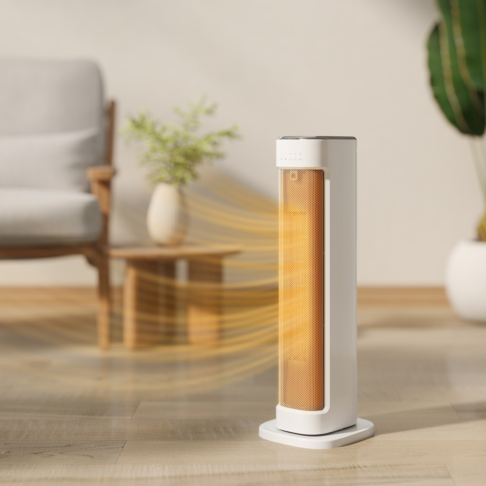 Un calefactor de torre blanco con rejilla naranja brillante se encuentra en un suelo de madera, emitiendo ondas de calor.