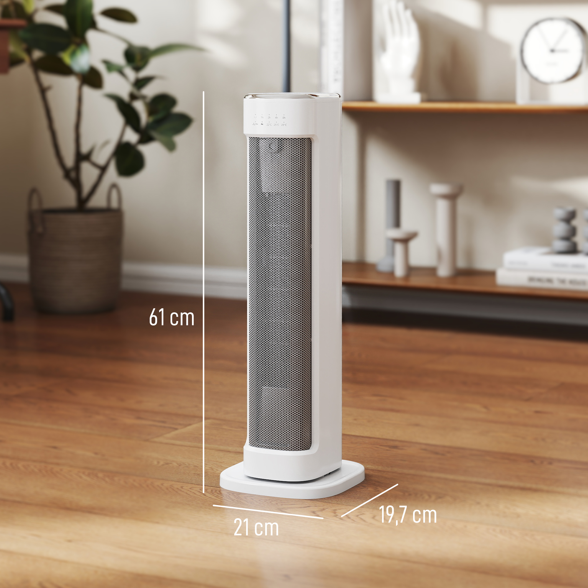 Calefactor de torre blanco en suelo de madera con dimensiones de 61 cm de alto, 21 cm de ancho y 19,7 cm de profundidad.