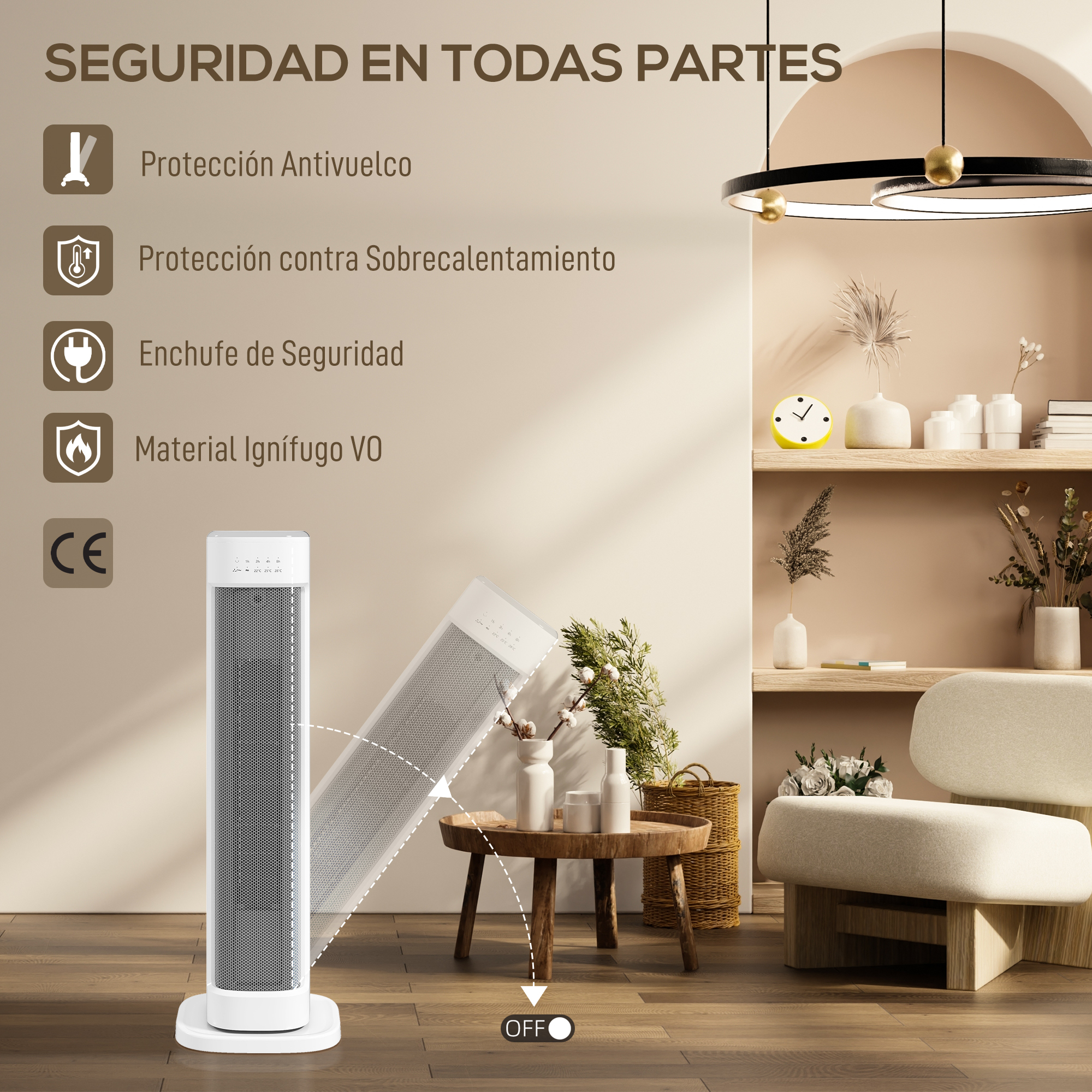 Calefactor de torre blanco en salón moderno con iconos de protección antivuelco.