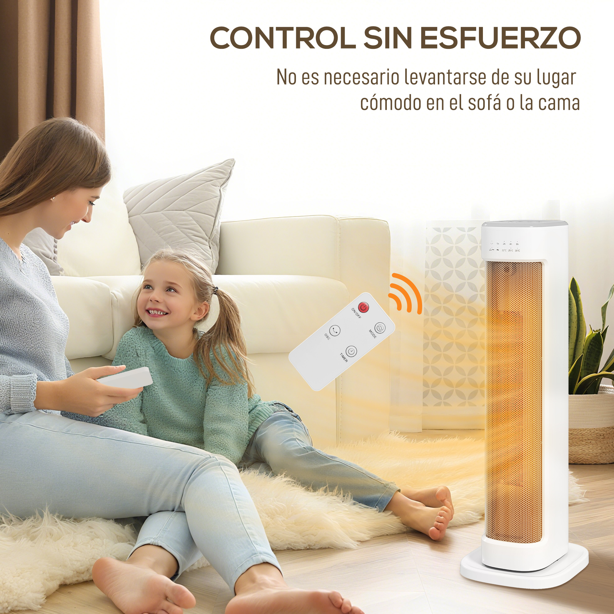 Madre e hija sentadas en el suelo con un control remoto, junto a un calefactor de torre blanco en la sala.