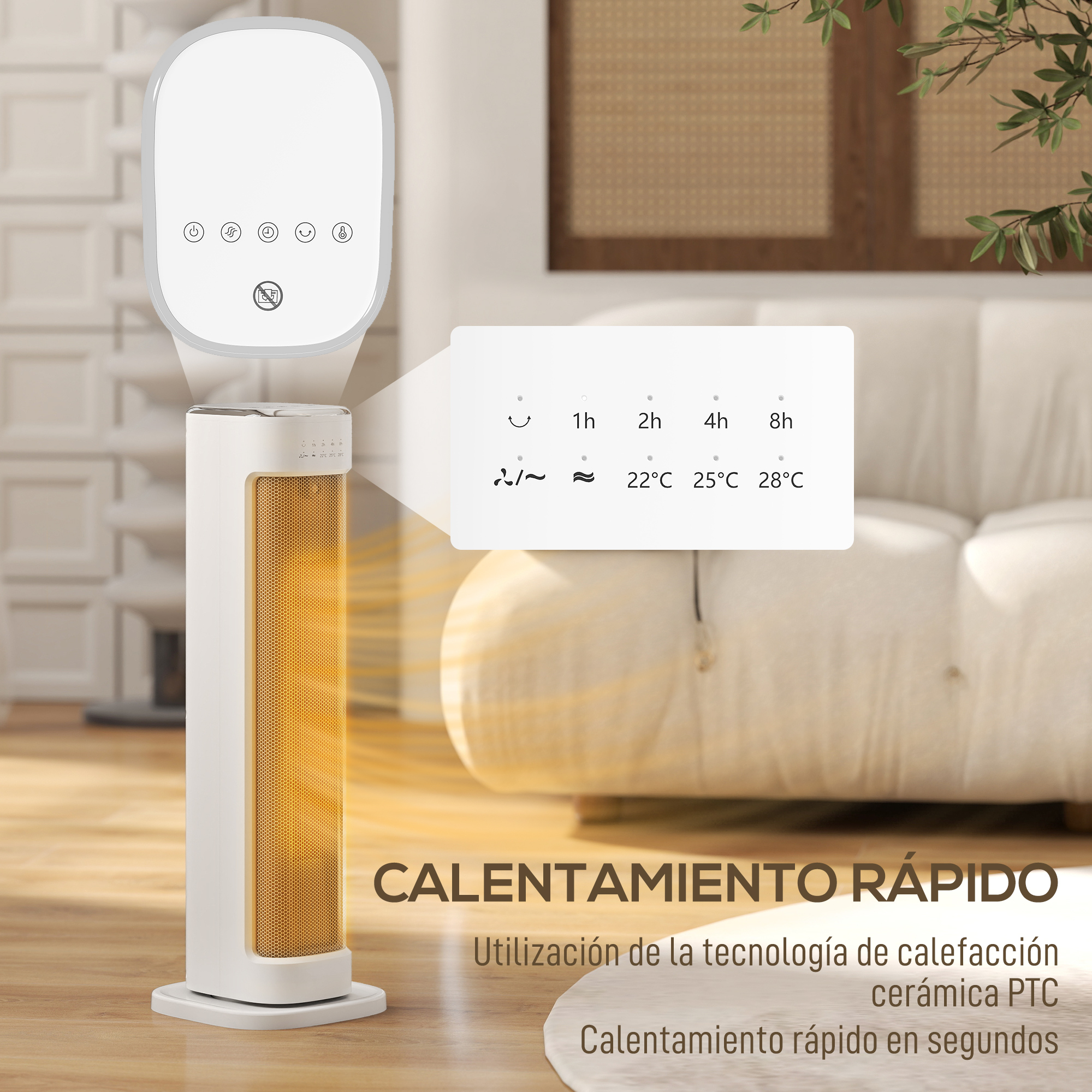 Un calefactor de torre blanco en una sala muestra su panel de control y elemento calefactor cerámico.