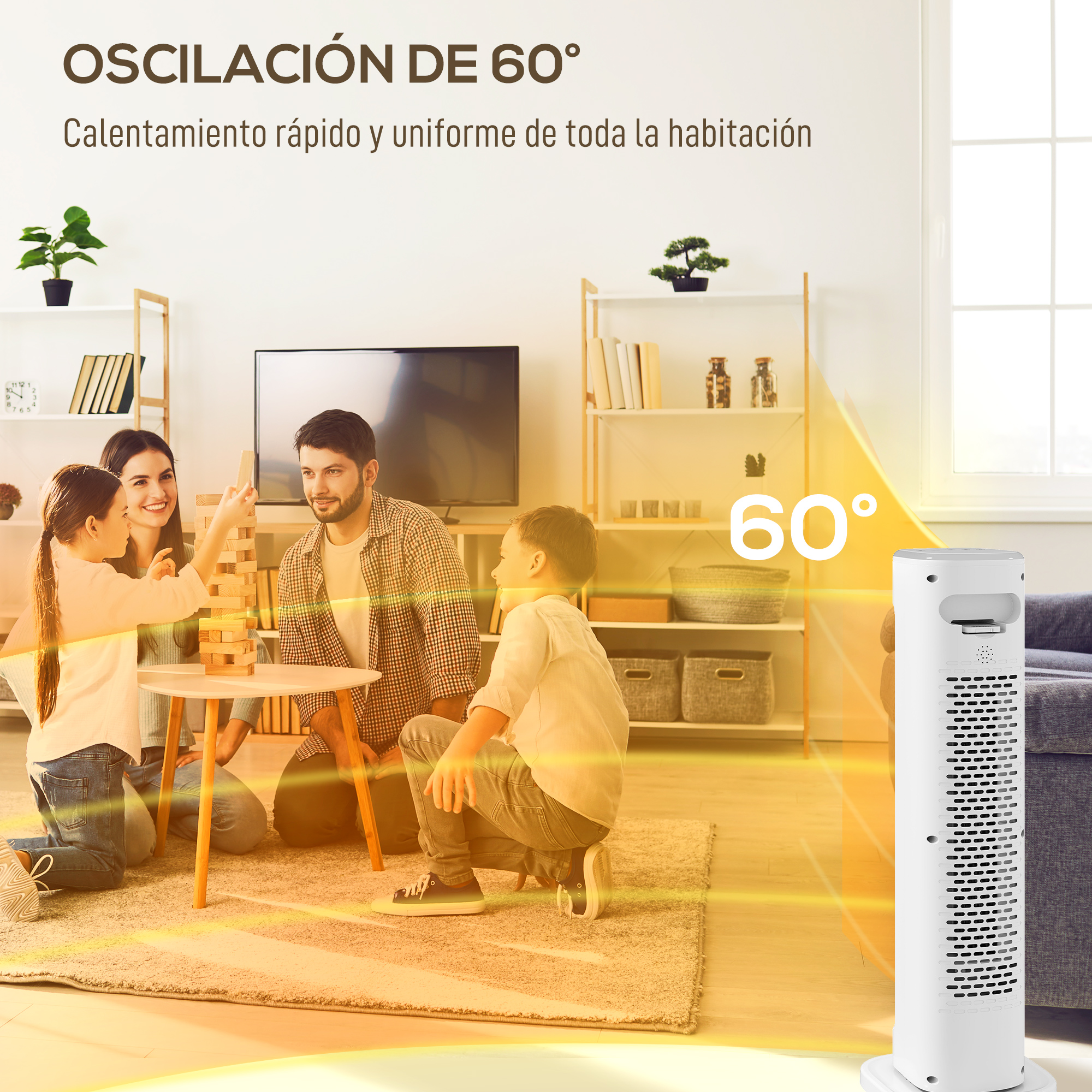 Una familia de cuatro juega con bloques en una sala con un calefactor de torre blanco con oscilación de 60 grados.