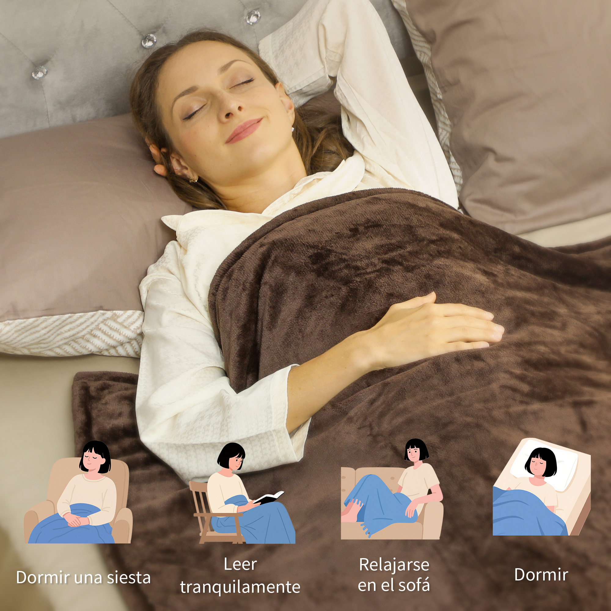 Una mujer duerme plácidamente en la cama bajo una manta marrón.