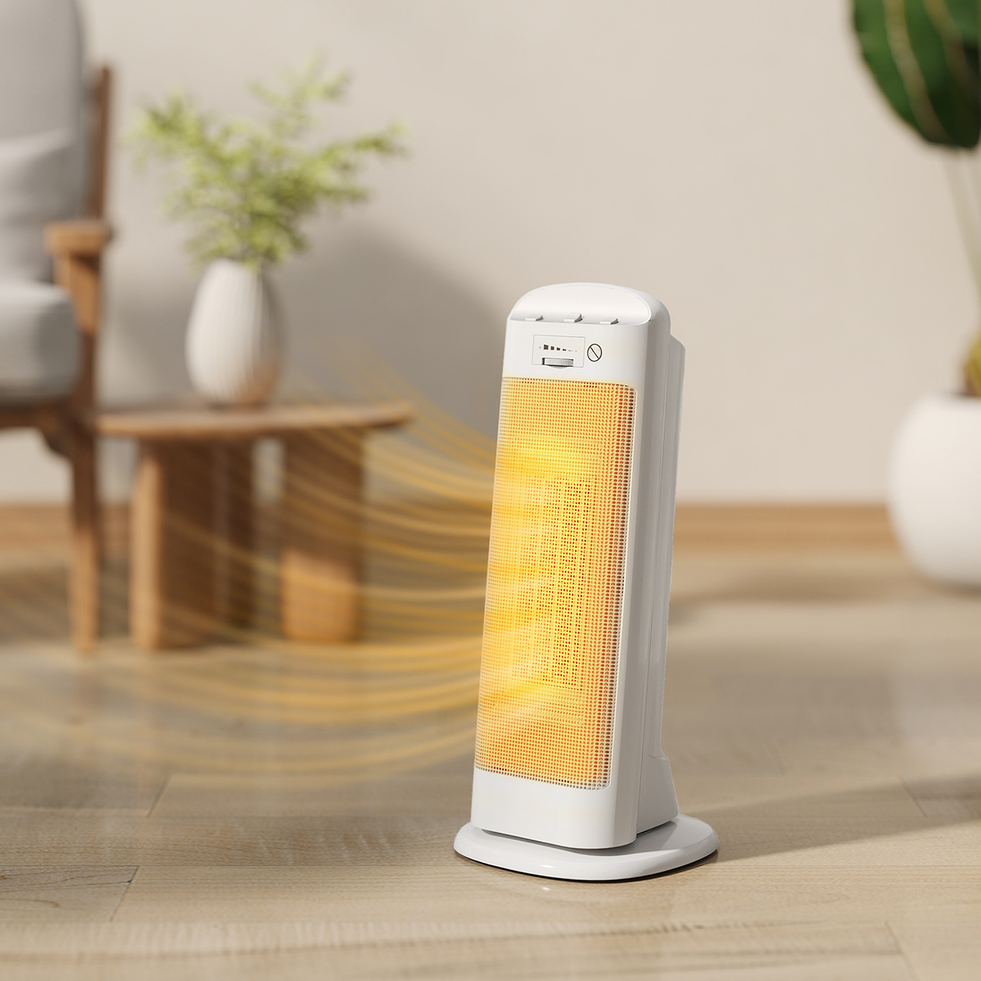 Un calefactor eléctrico blanco está sobre un suelo de madera, emitiendo ondas de calor amarillas.