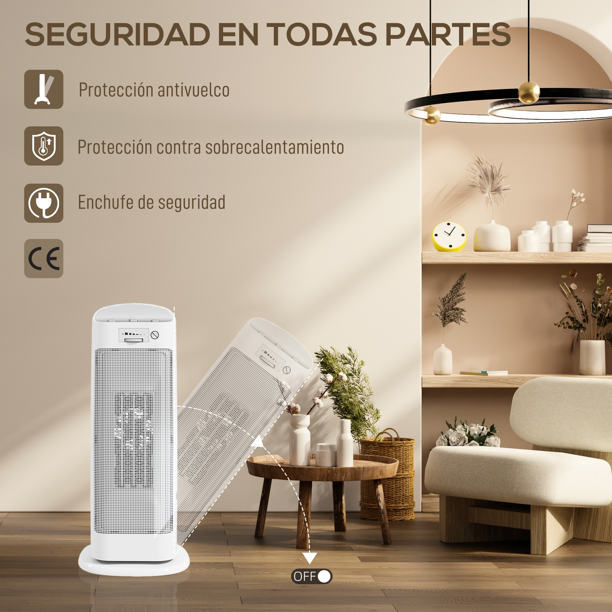 Calefactor de torre blanco en una sala, destacando protección antivuelco y sobrecalentamiento.