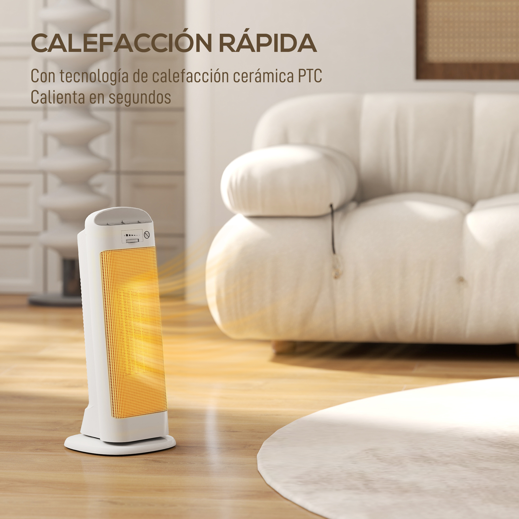 Un calefactor de torre blanco sobre suelo de madera en un salón luminoso con un sofá blanco.