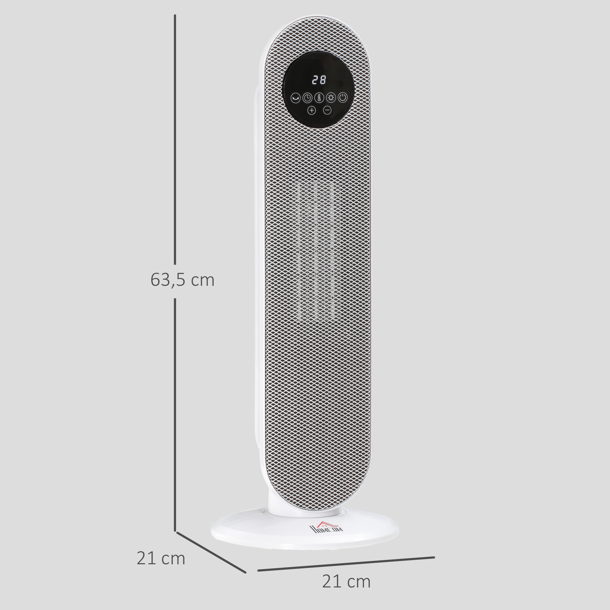 Calefactor de torre blanco con pantalla digital y dimensiones en centímetros sobre fondo gris.