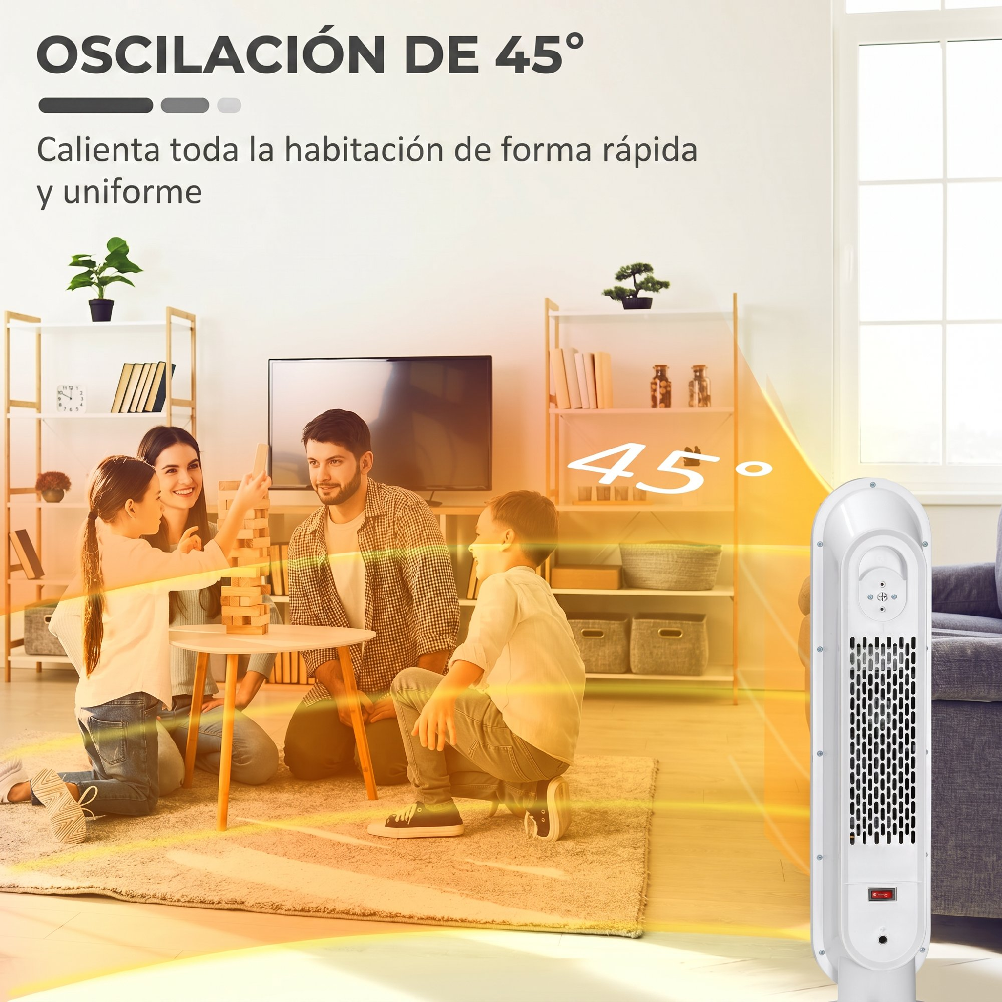 Una familia de cuatro juega con bloques en una sala, con un calefactor oscilante blanco a la derecha.