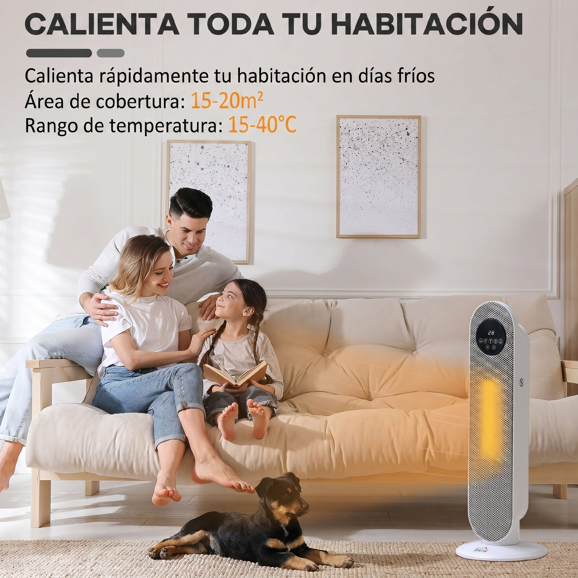 Una familia se sienta en un sofá con un perro y un calefactor en la habitación.