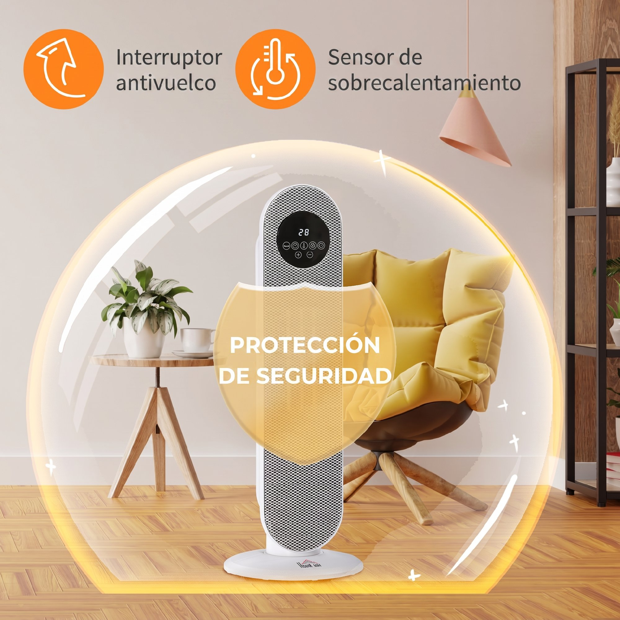 Calefactor de torre dentro de una burbuja de protección en una sala con sillón amarillo y planta.