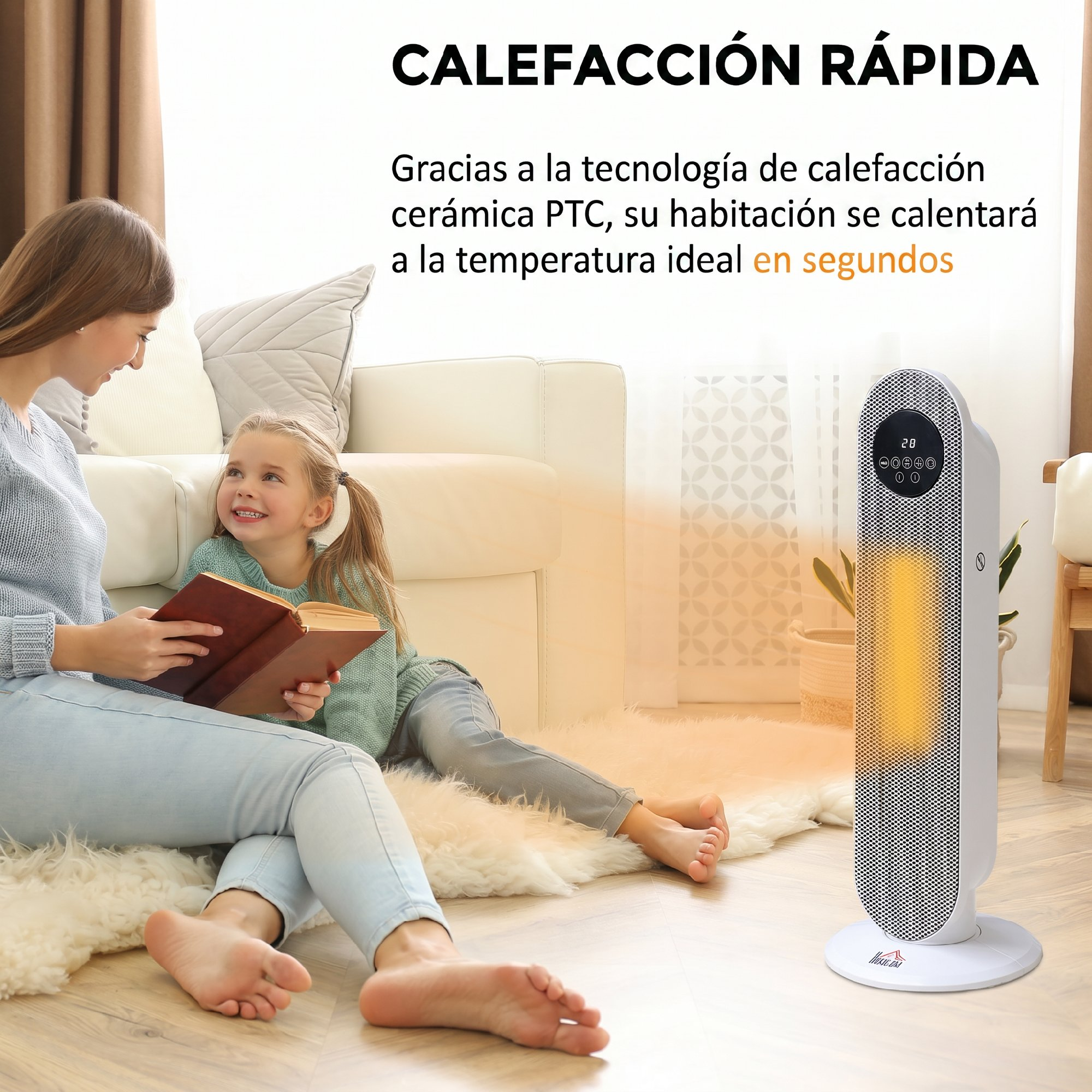 Una mujer y una niña leen un libro en una alfombra junto a un calefactor cerámico.