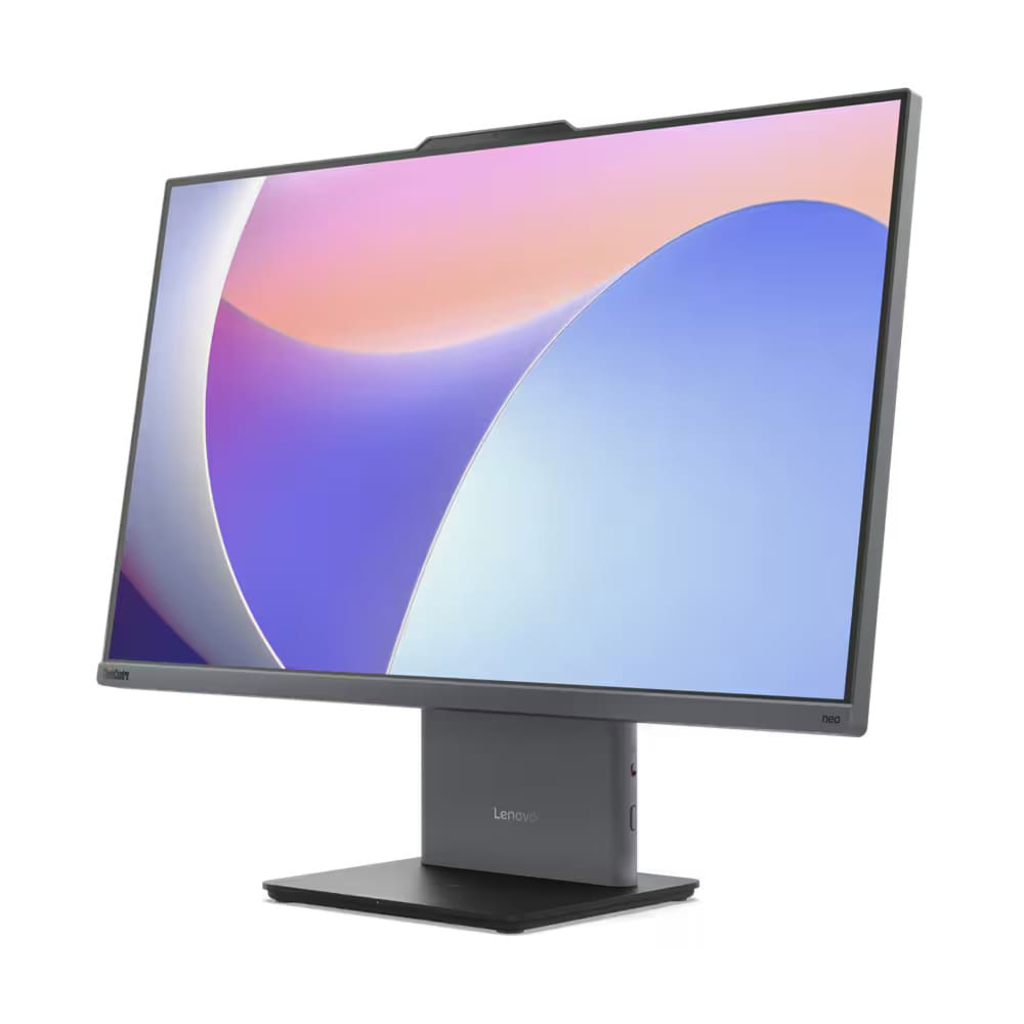 Renkli soyut duvar kağıdına ve sağlam dikdörtgen tabana sahip koyu gri Lenovo hepsi bir arada bilgisayar.