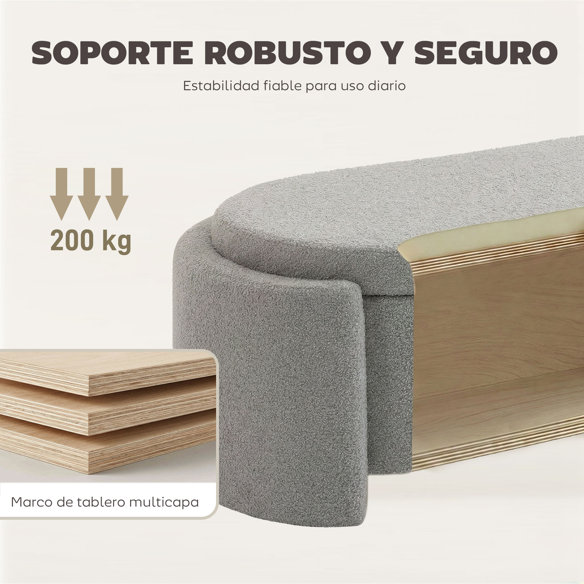 Banco tapizado gris con estructura de madera y 200 kg de capacidad.