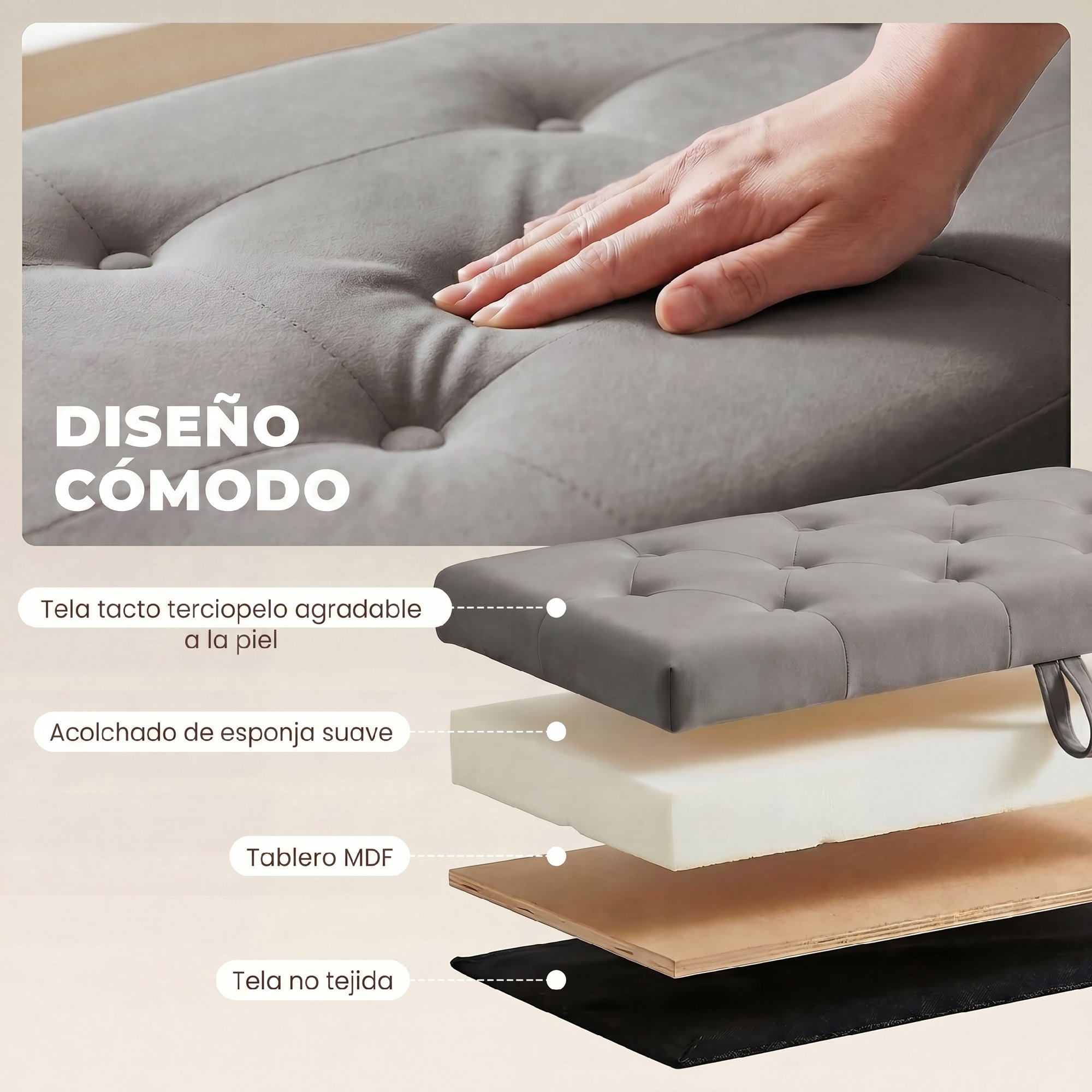 Mano tocando tela de terciopelo gris, mostrando capas de espuma, tablero MDF y tela no tejida.