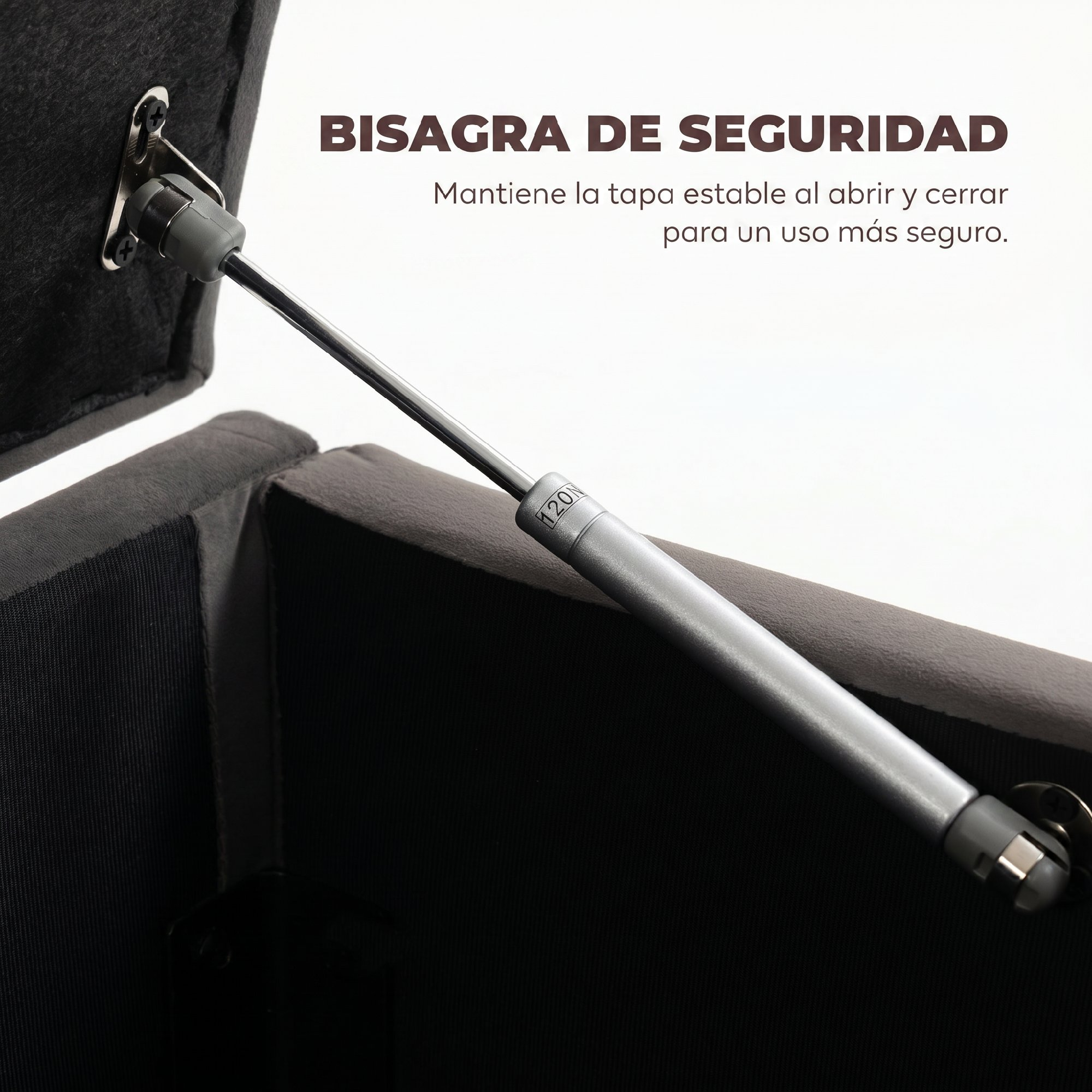 Bisagra de seguridad en la tapa de un baúl gris con texto.