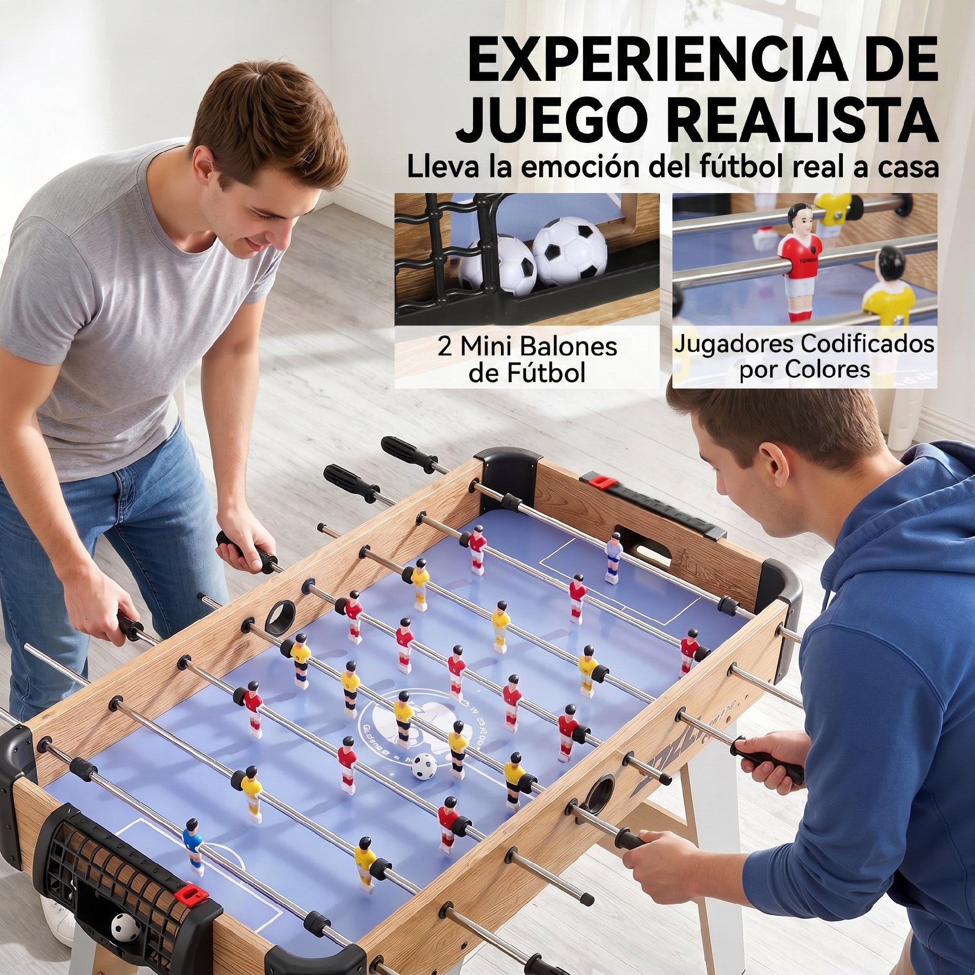 Dos jóvenes juegan al futbolín en una habitación luminosa; los recuadros muestran mini balones y jugadores codificados.
