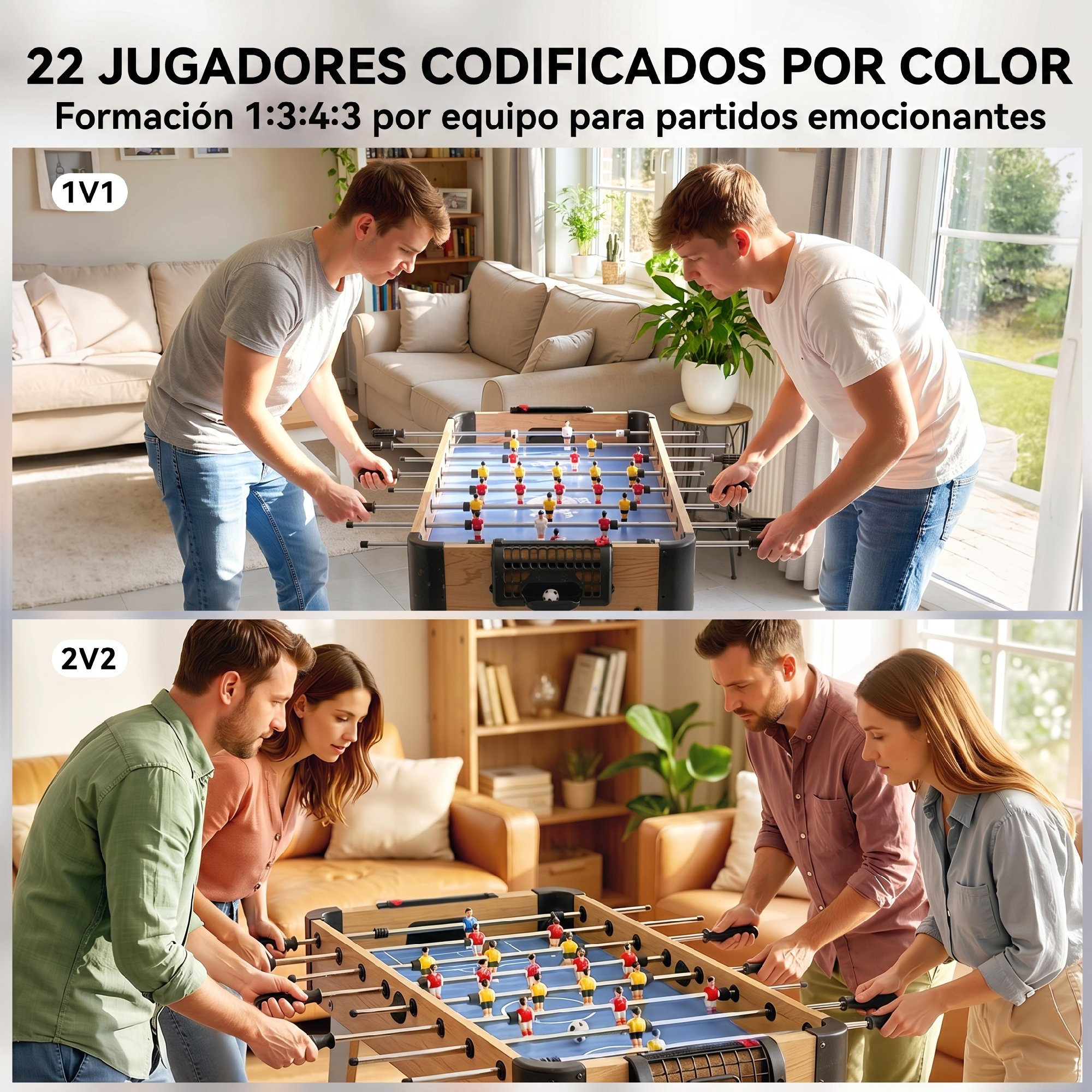 Dos imágenes muestran a personas jugando al futbolín, arriba en modo 1v1 y abajo en 2v2, en una sala de estar luminosa.