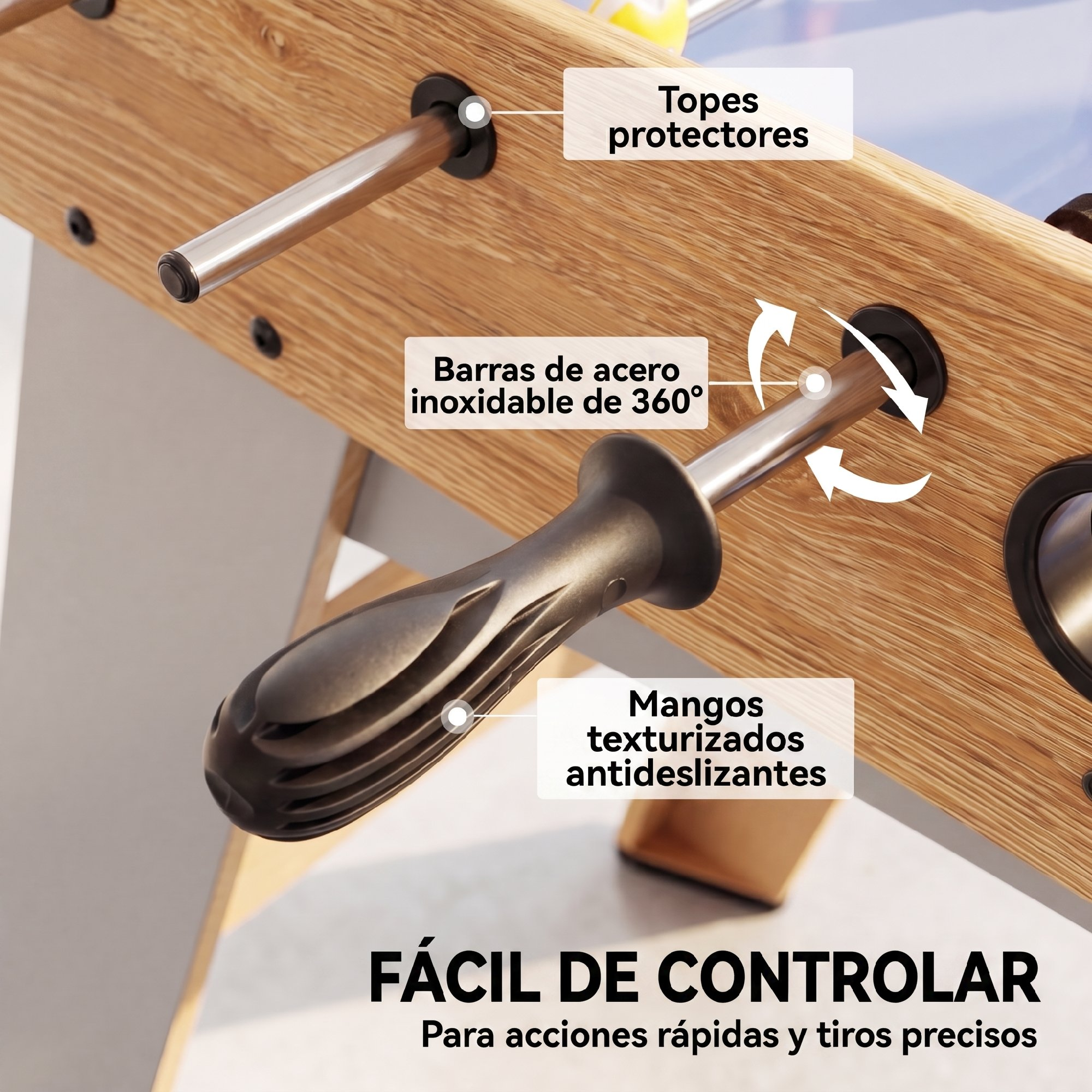 Primer plano de un futbolín de madera destacando barras de acero inoxidable, mangos antideslizantes y textos.
