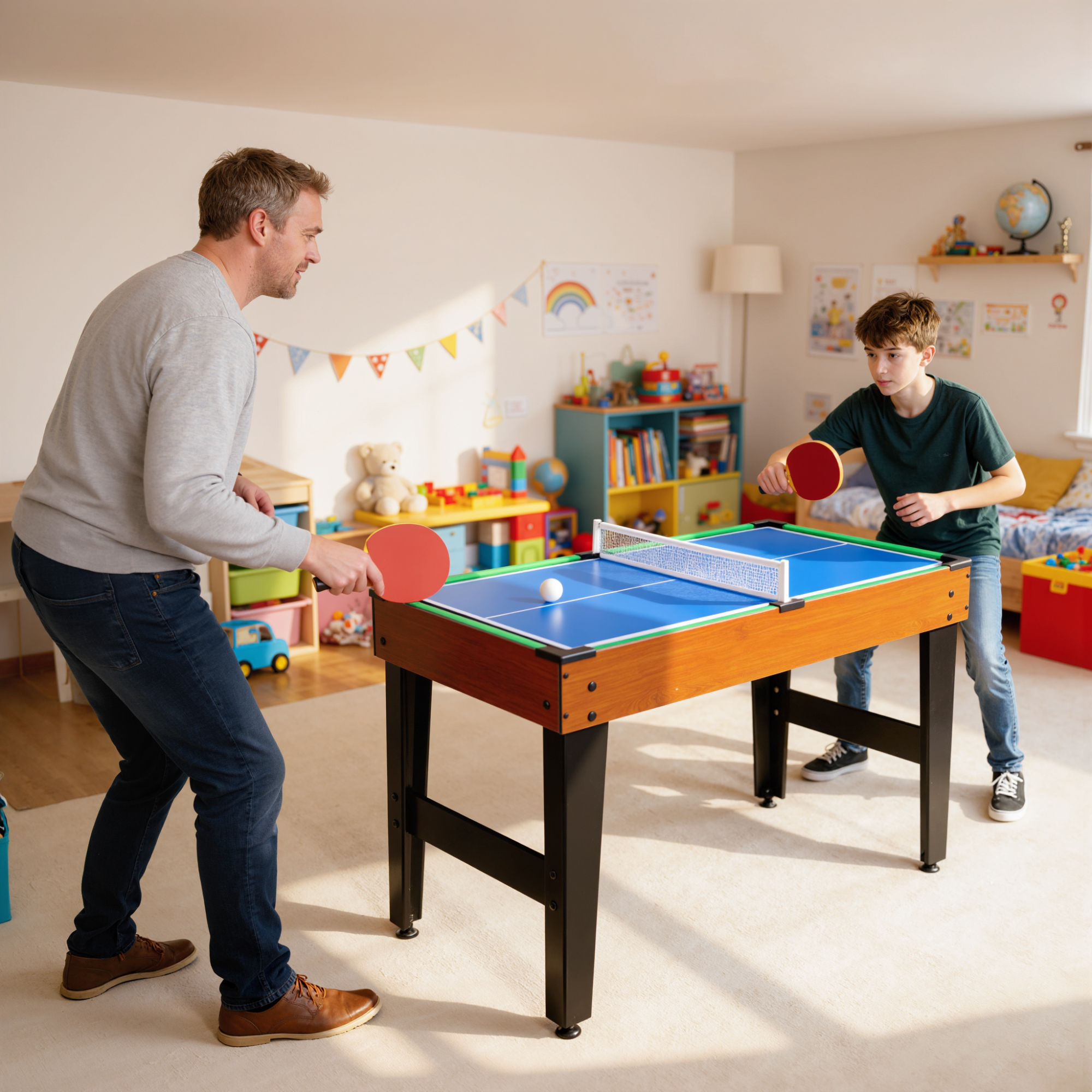 Un padre y su hijo juegan al ping-pong en una habitación luminosa con juguetes.